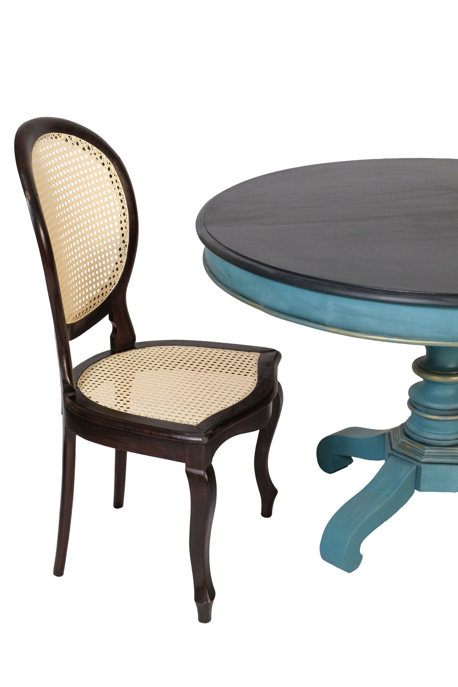 Mesa de Jantar Redonda restaurada Azul e Preta - Madeira Maciça