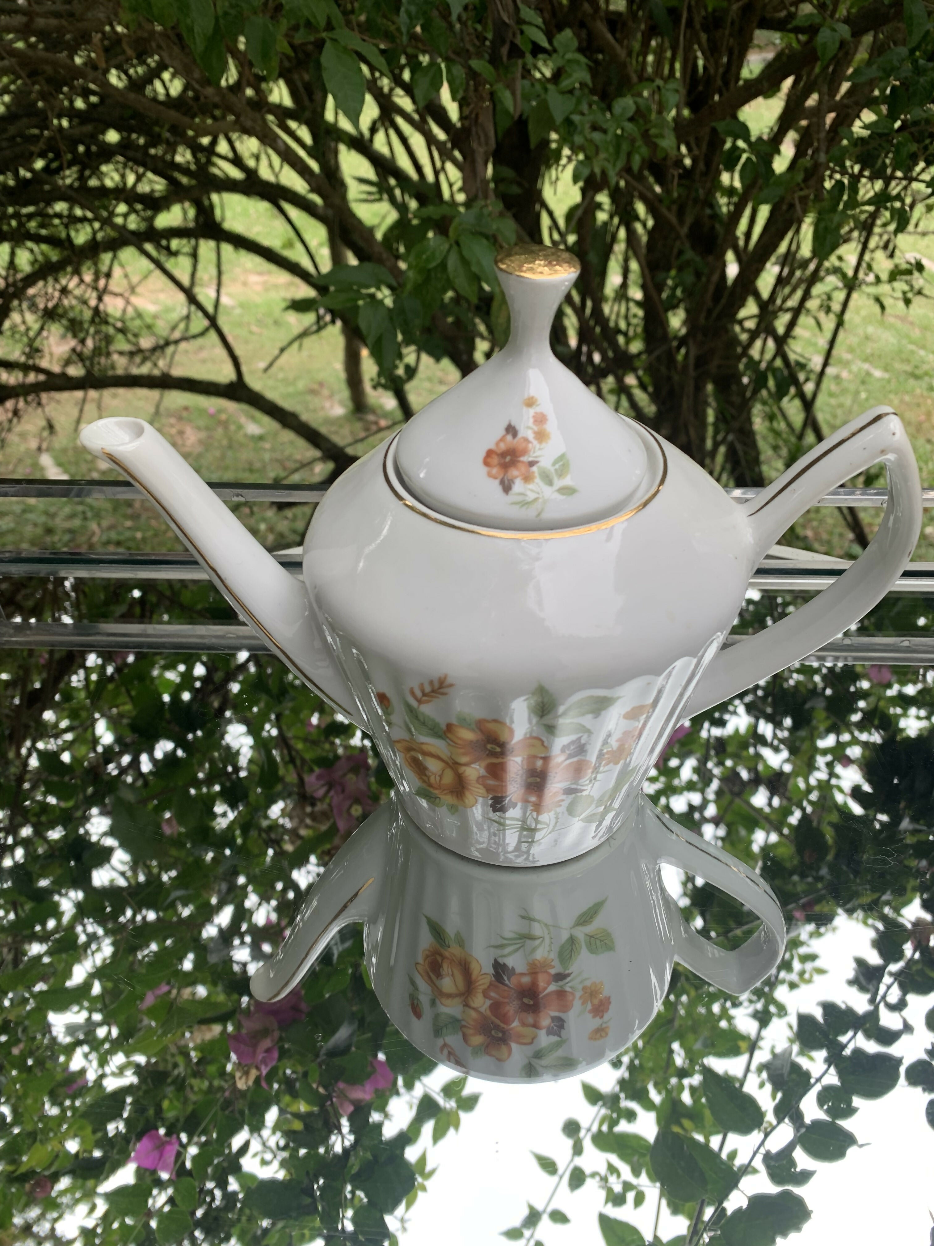 Bule antigo porcelana Pozzani flores laranja