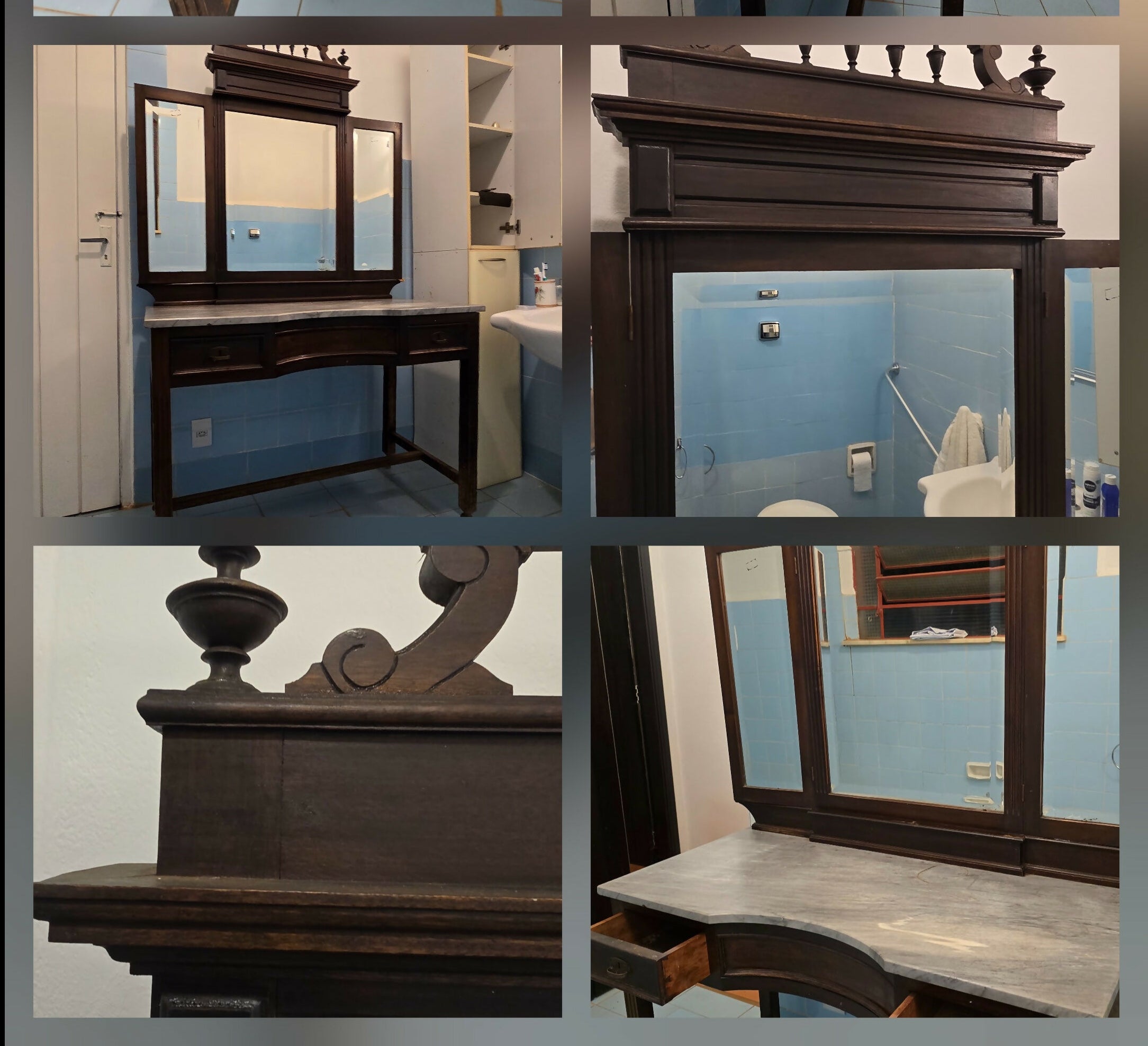 Penteadeira colonial em Jacarandá e espelho tripartido bisotado