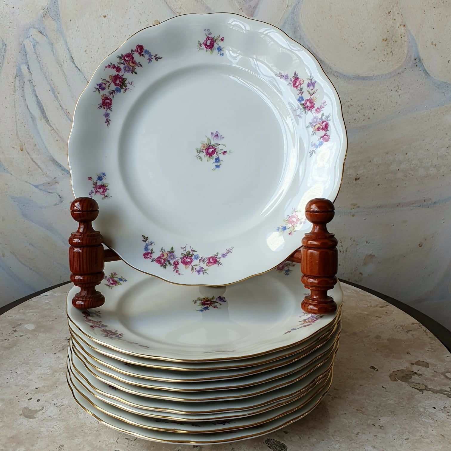 Conjunto de 10 pratos de sobremesa em porcelana polonesa, vintage, Koenigzelt, anos 30. Impecáveis