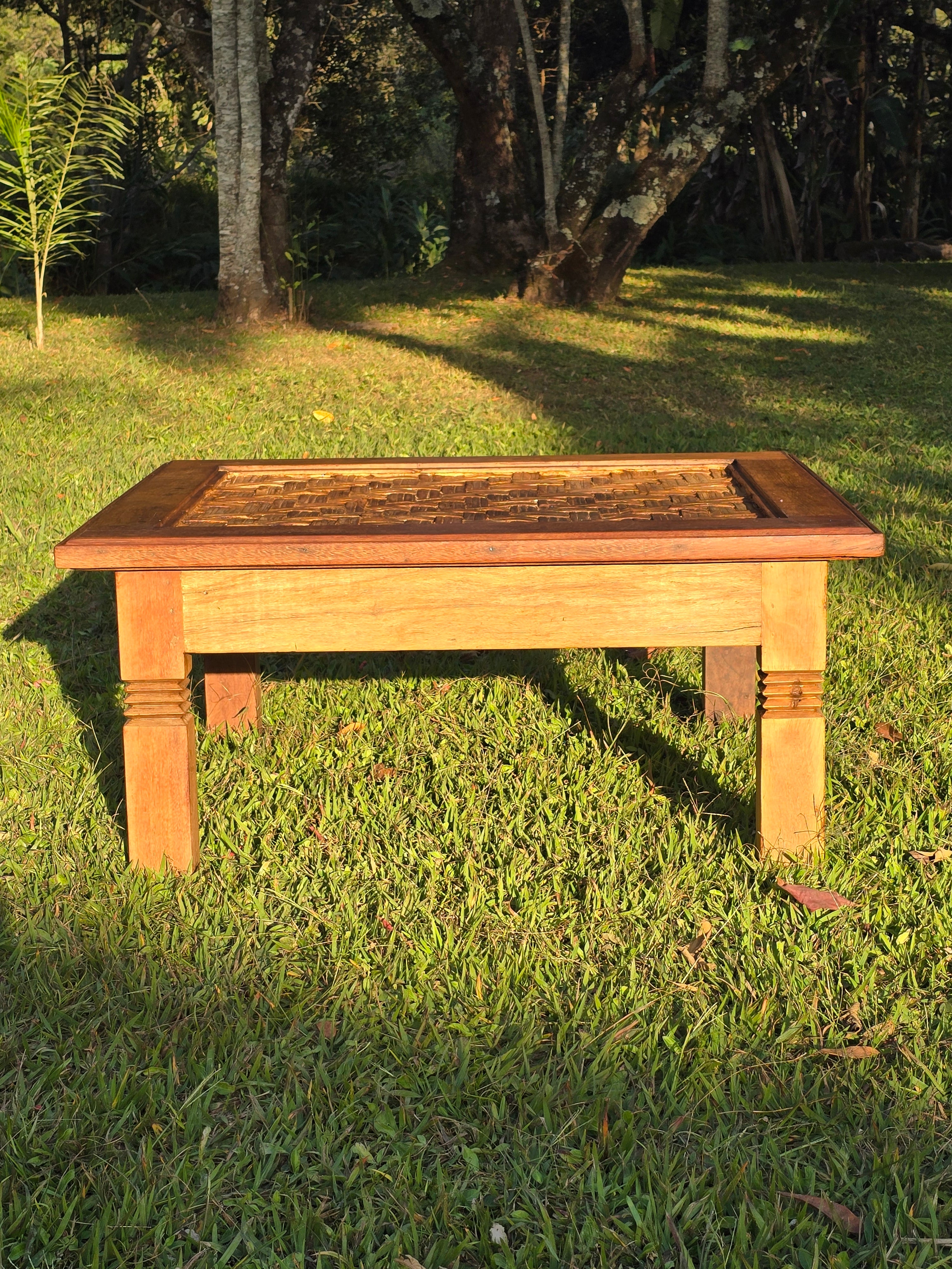 Mesa de Centro Suporte Para Vidro Esteira de Bambu Madeira Maciça