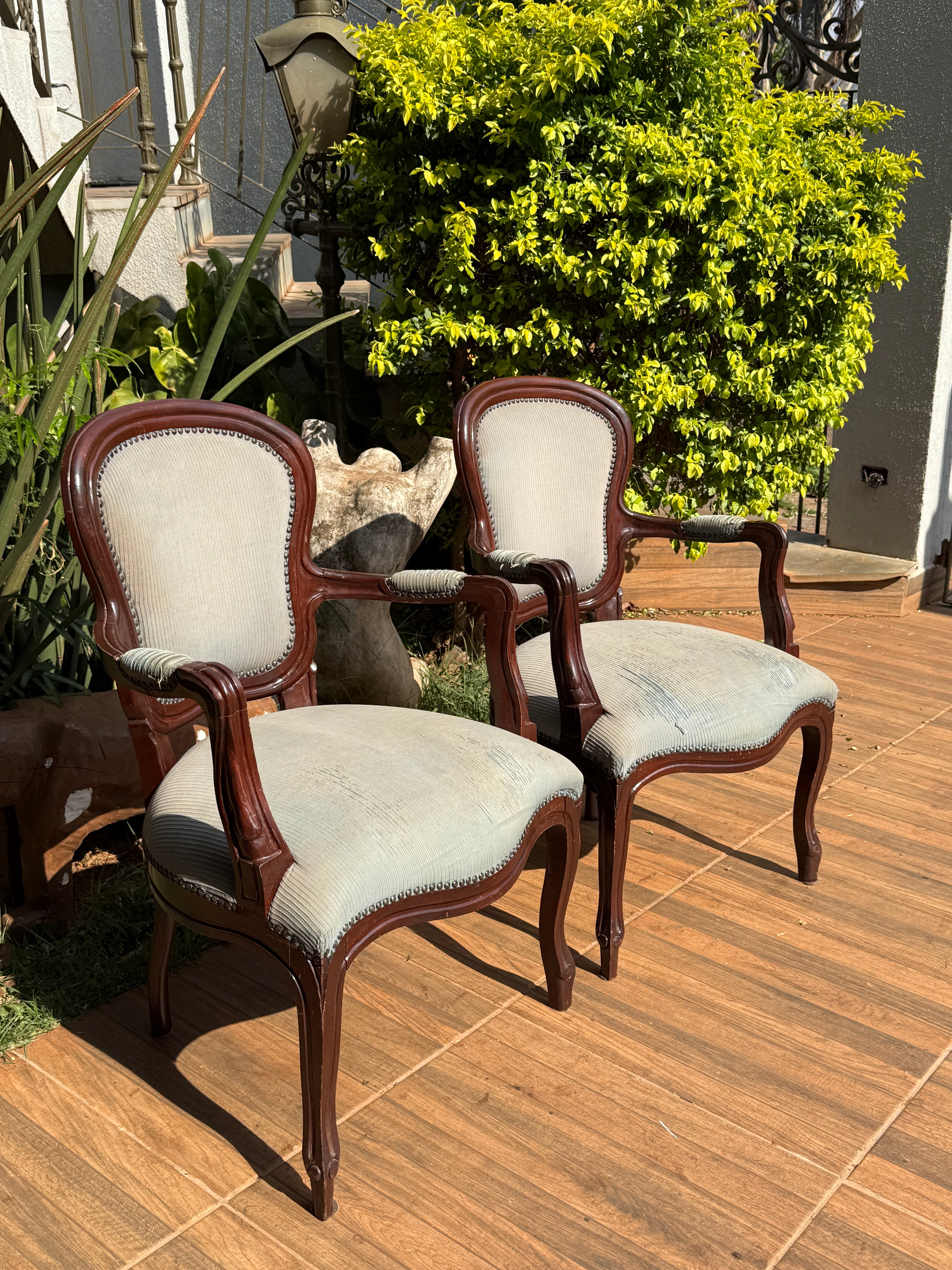 Par de poltronas com braço Luiz XV Estrutura toda em madeira de lei (detalhes no tecido) 