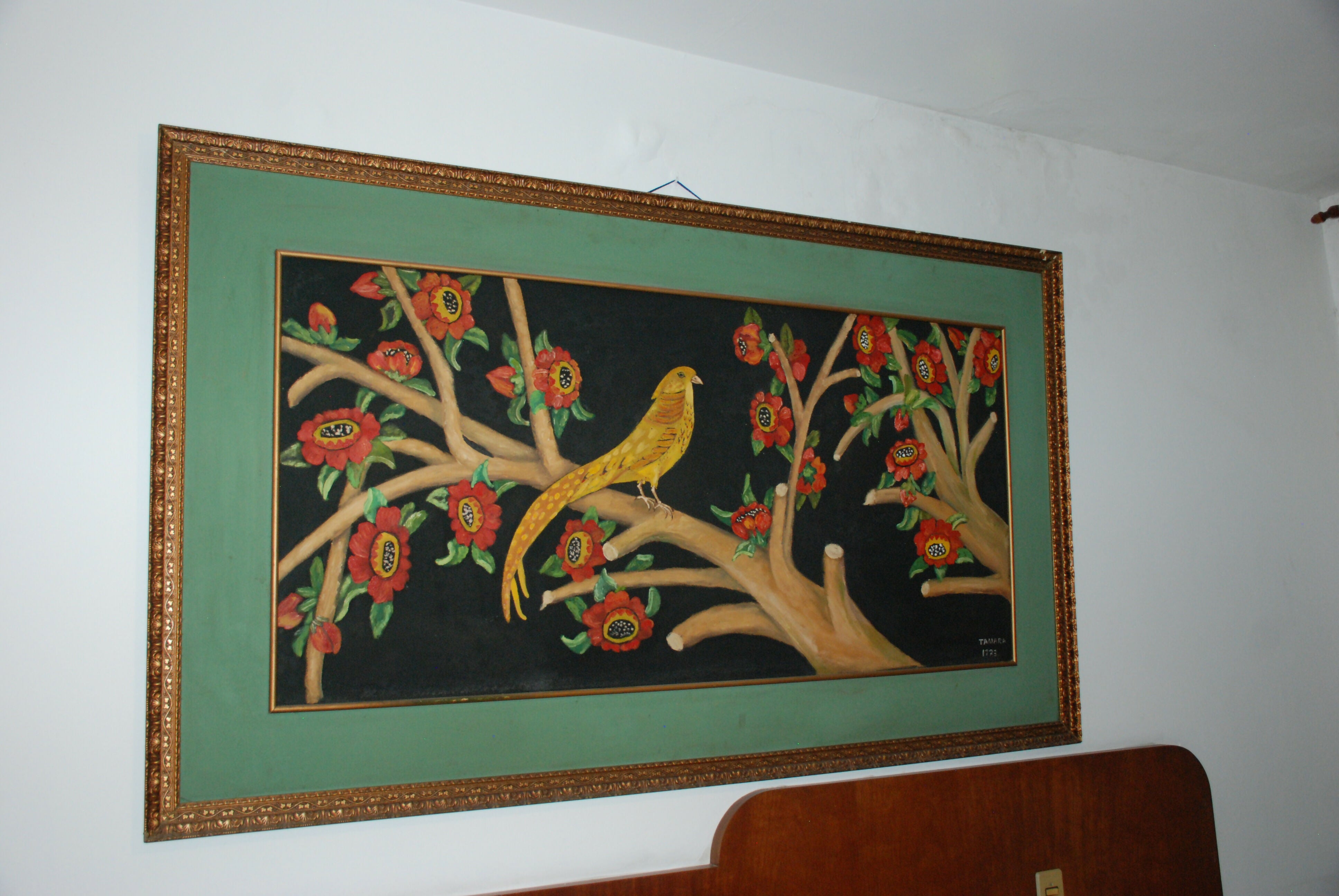 oleo sobre duratex ( 0sd ) ano 73 - moldura 1,90 x 1,10 - quadro 1,50 x 0,70 - Pássaro na árvore