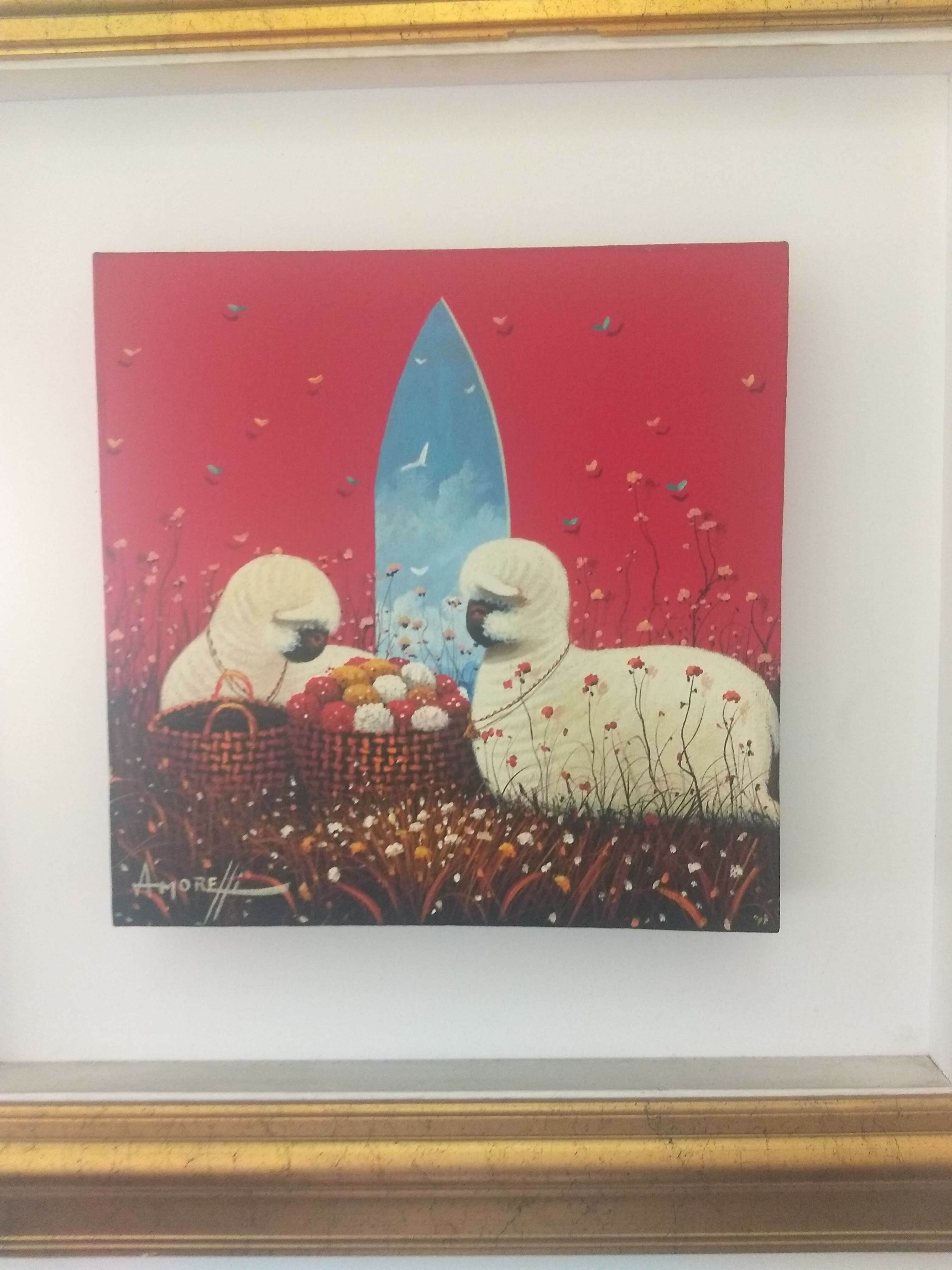 Quadro "A Amizade" de Amorelli (Ovelha Fundo Vermelho)