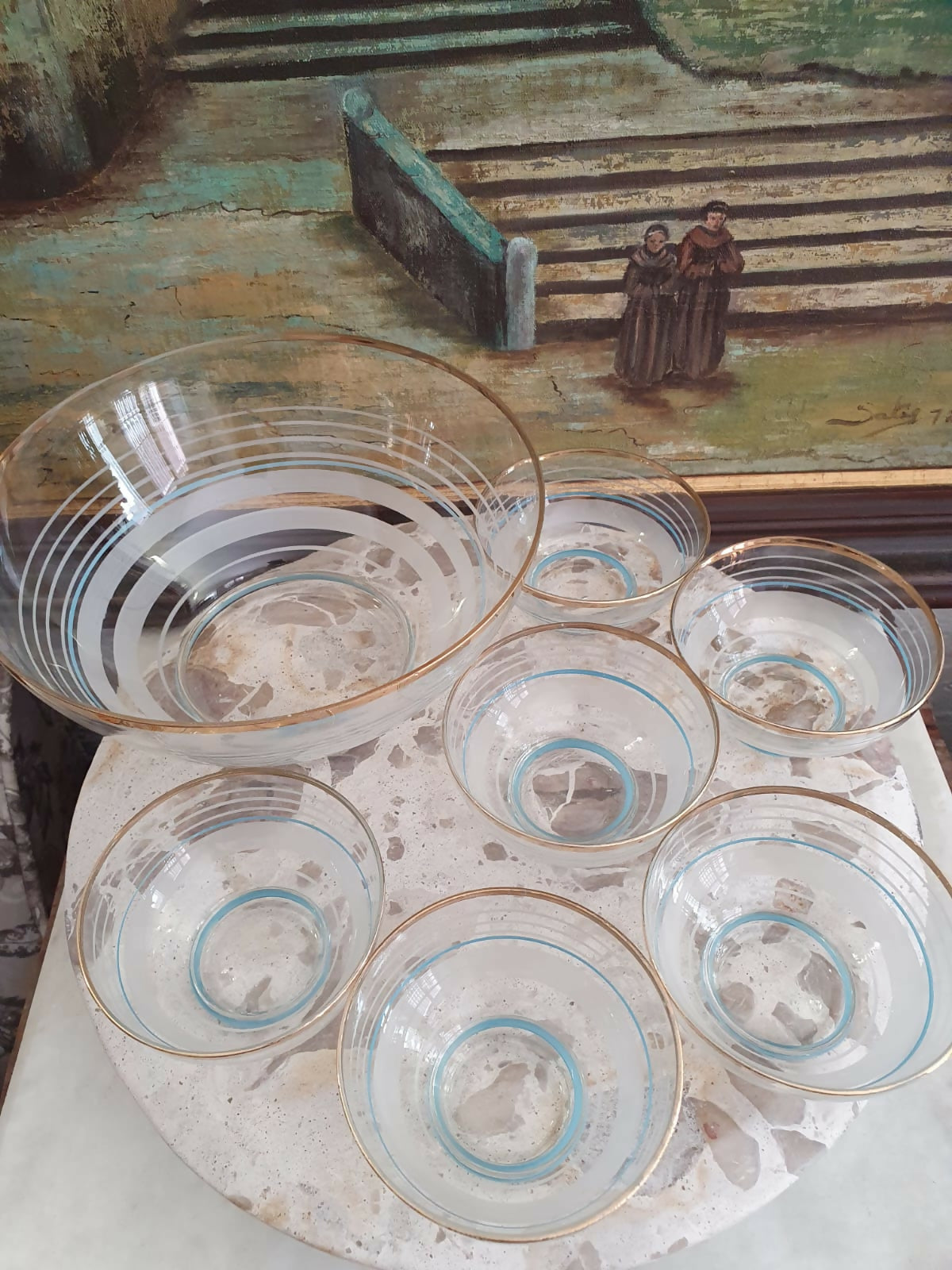 Conjunto para sobremesa com 7 peças em vidro anos 50, impecáveis. Maravilhoso!