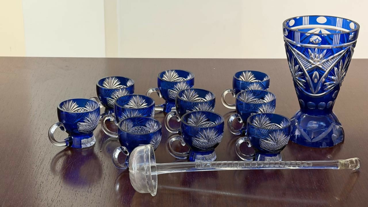 Poncheira em Cristal Azul lapidado