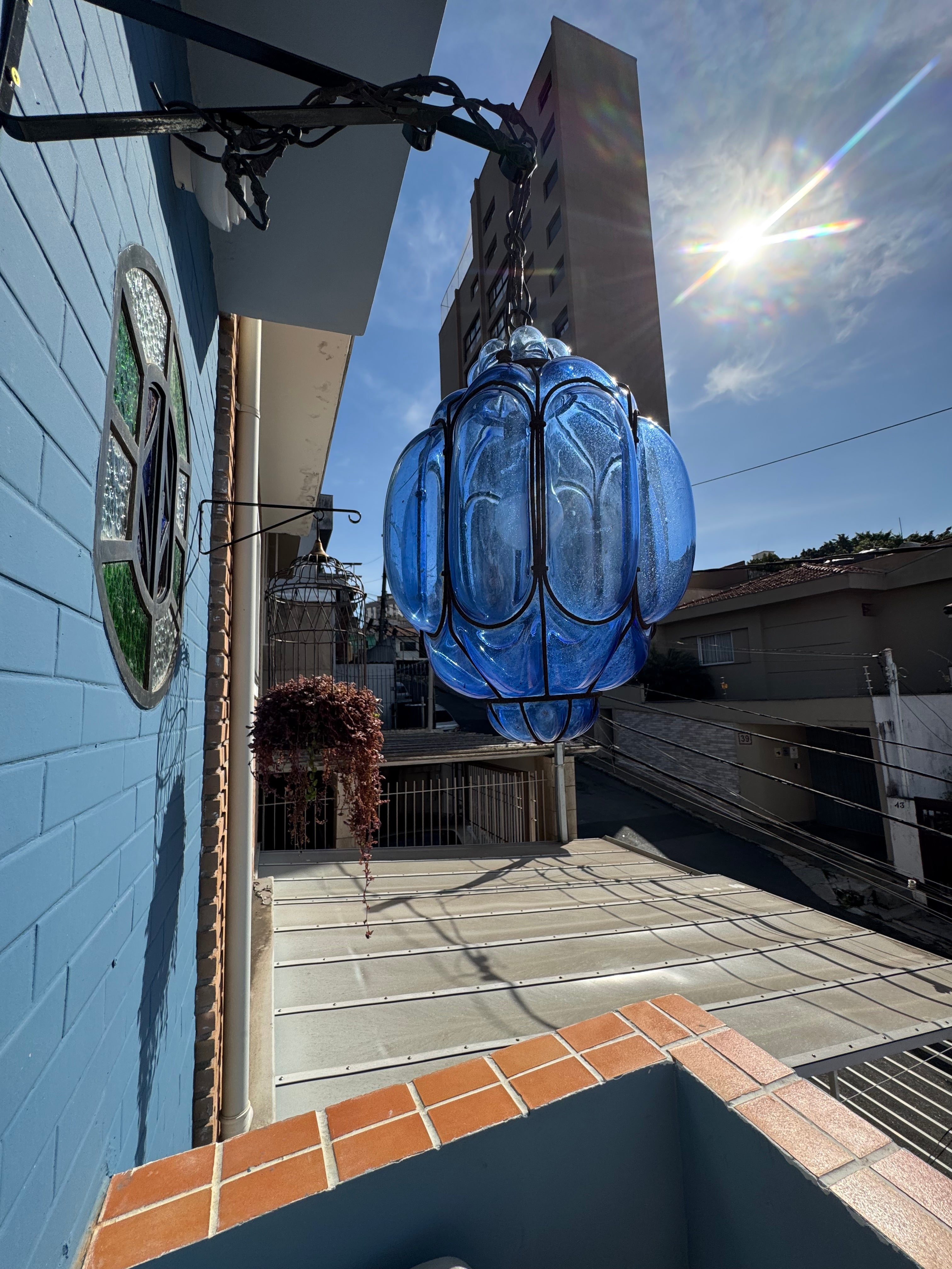 Grande Lustre Luminária Pendente Bombê Vidro Soprado Azul