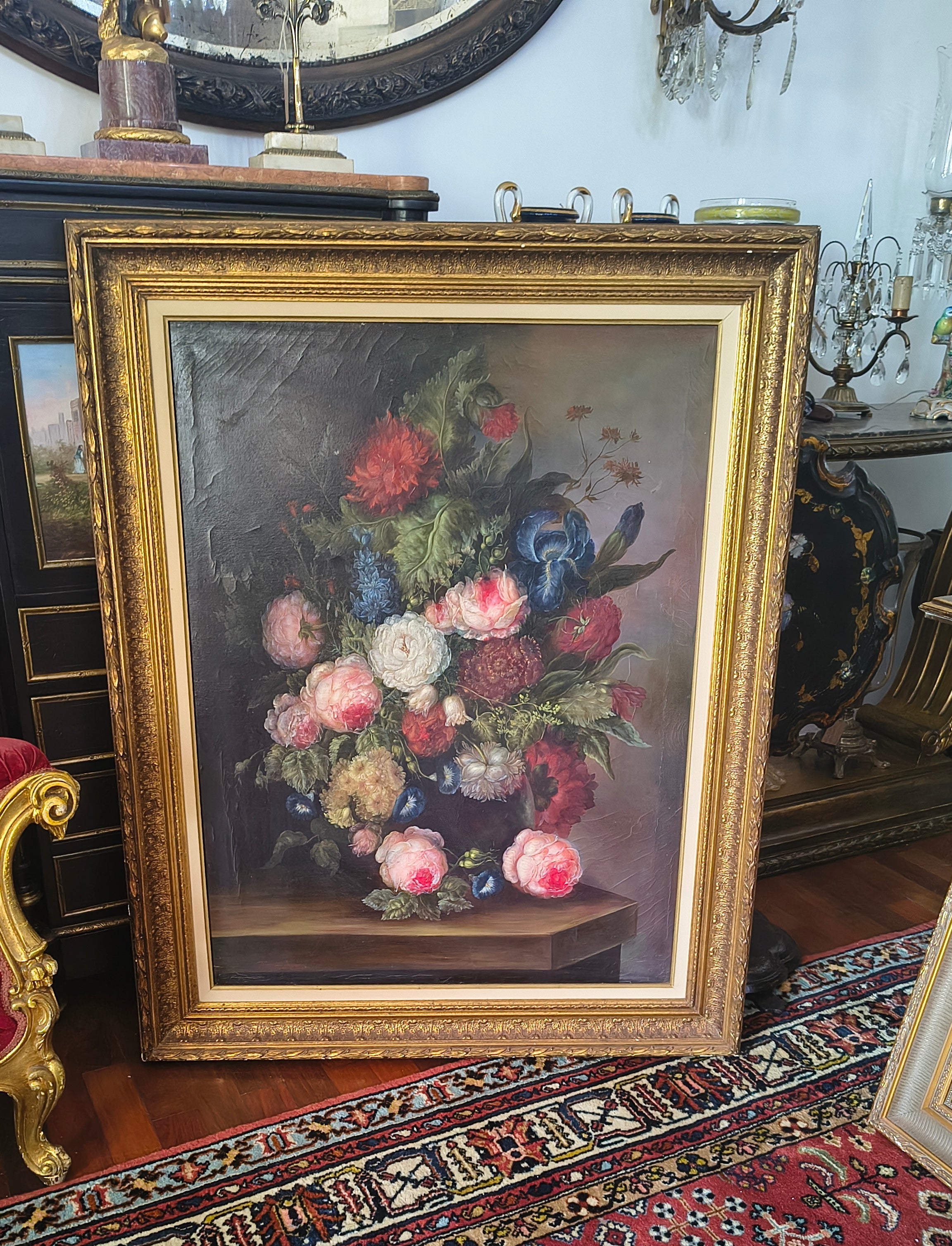 Quadro Josephine Benzet - Natureza Morta com flores (moldura dourada) 