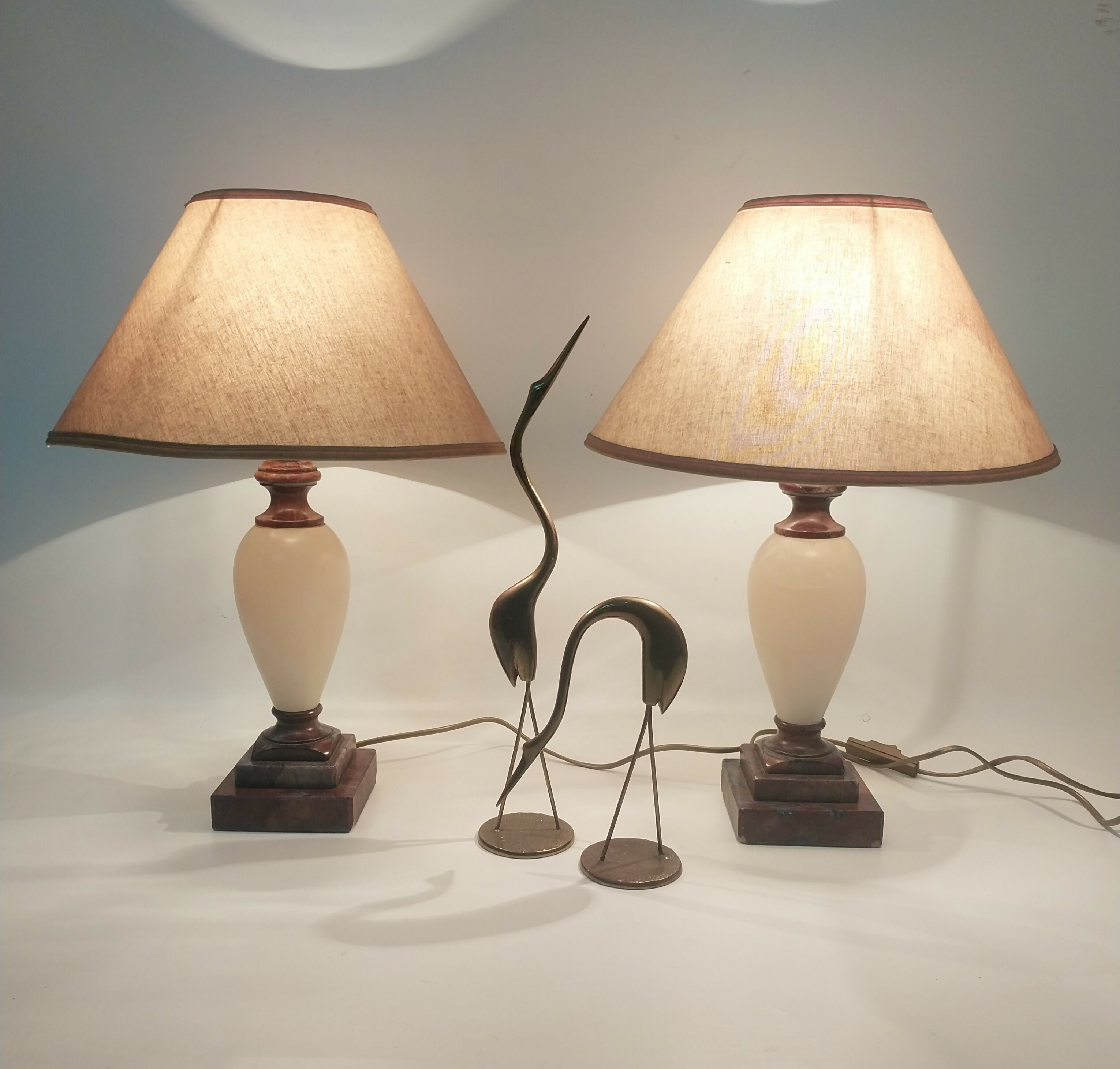 Par de Abajur Antigo em Alabastro e Mármore