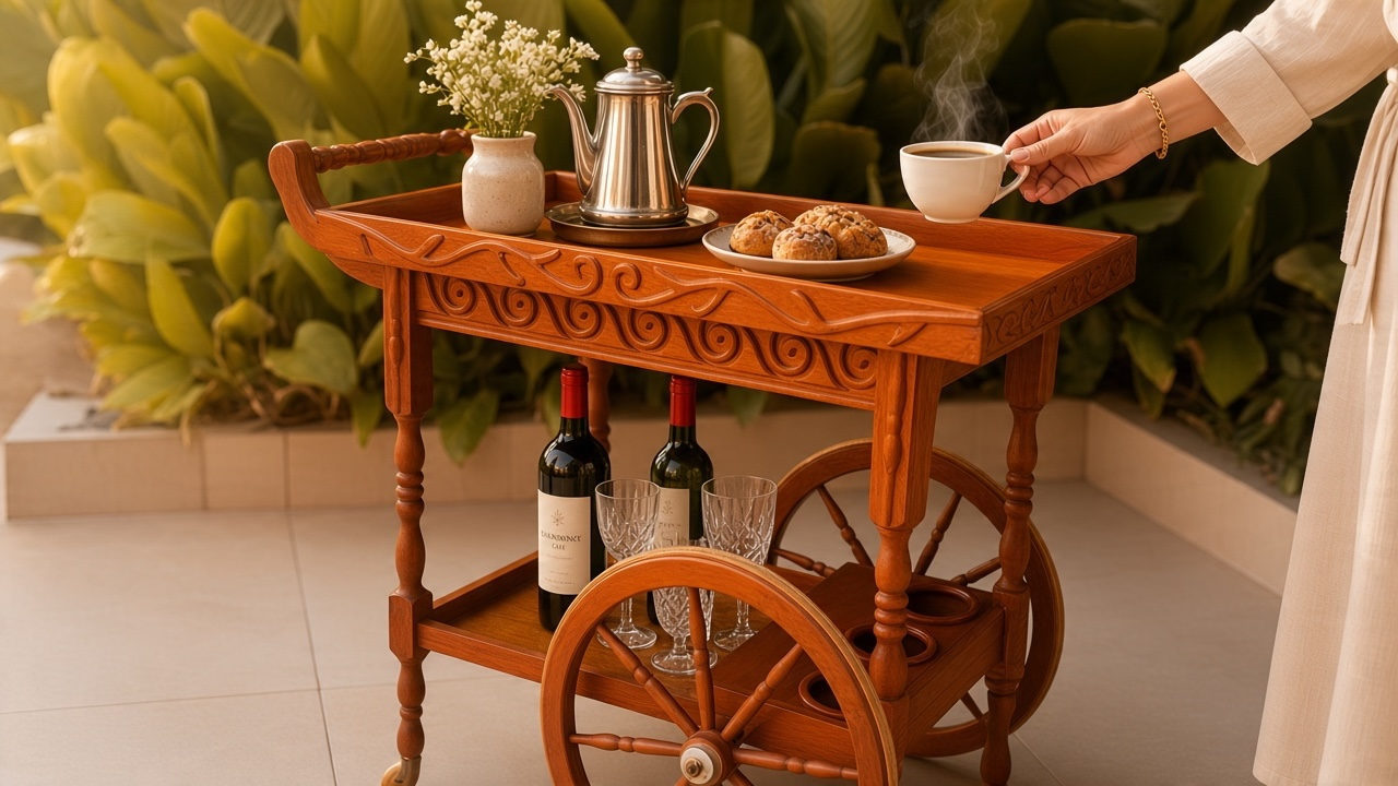 Carrinho de Chá e Bar Vintage em Madeira Maciça – Estilo Colonial / Anos 60