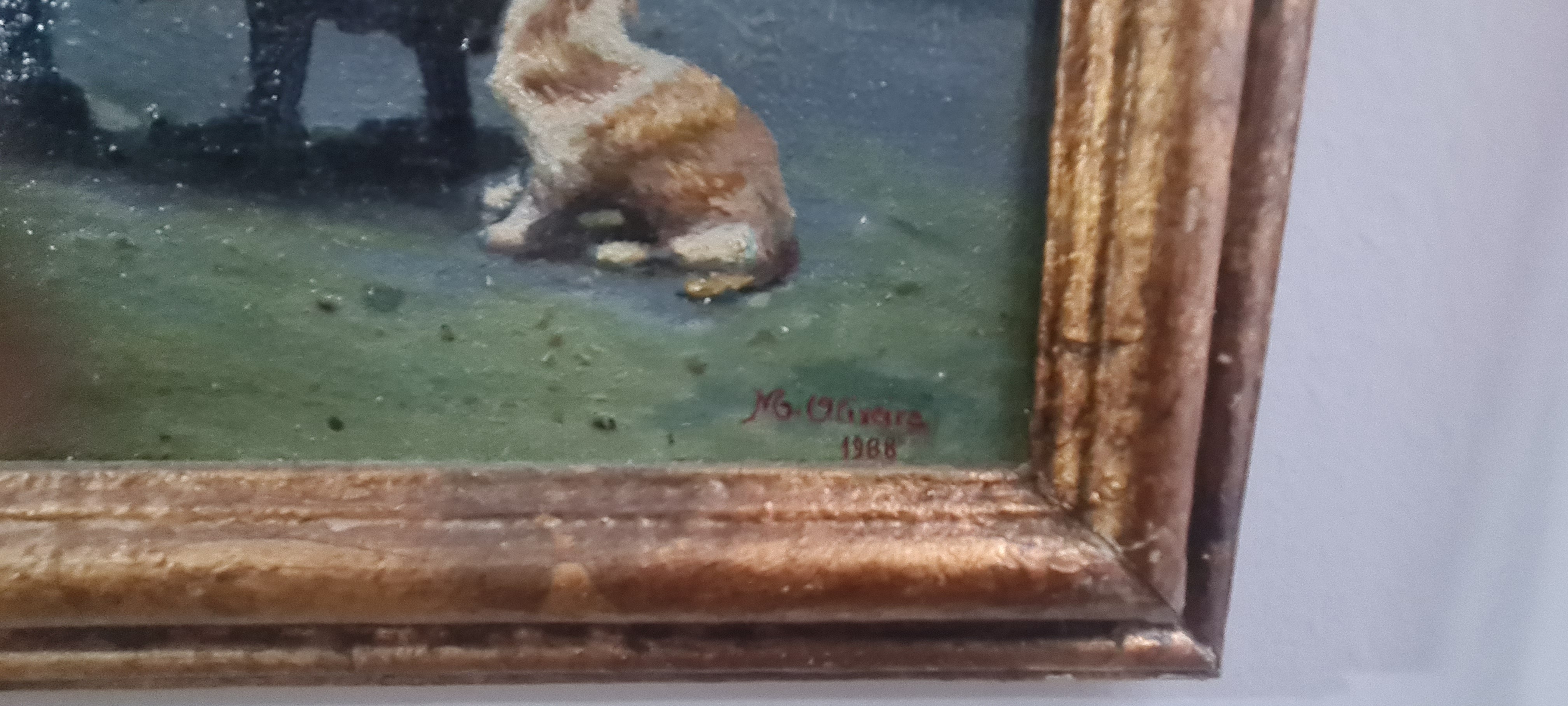 Quadro Óleo sobre tela 54 x43cm ( M. Oliveira) com Moldura Dourada Rústica