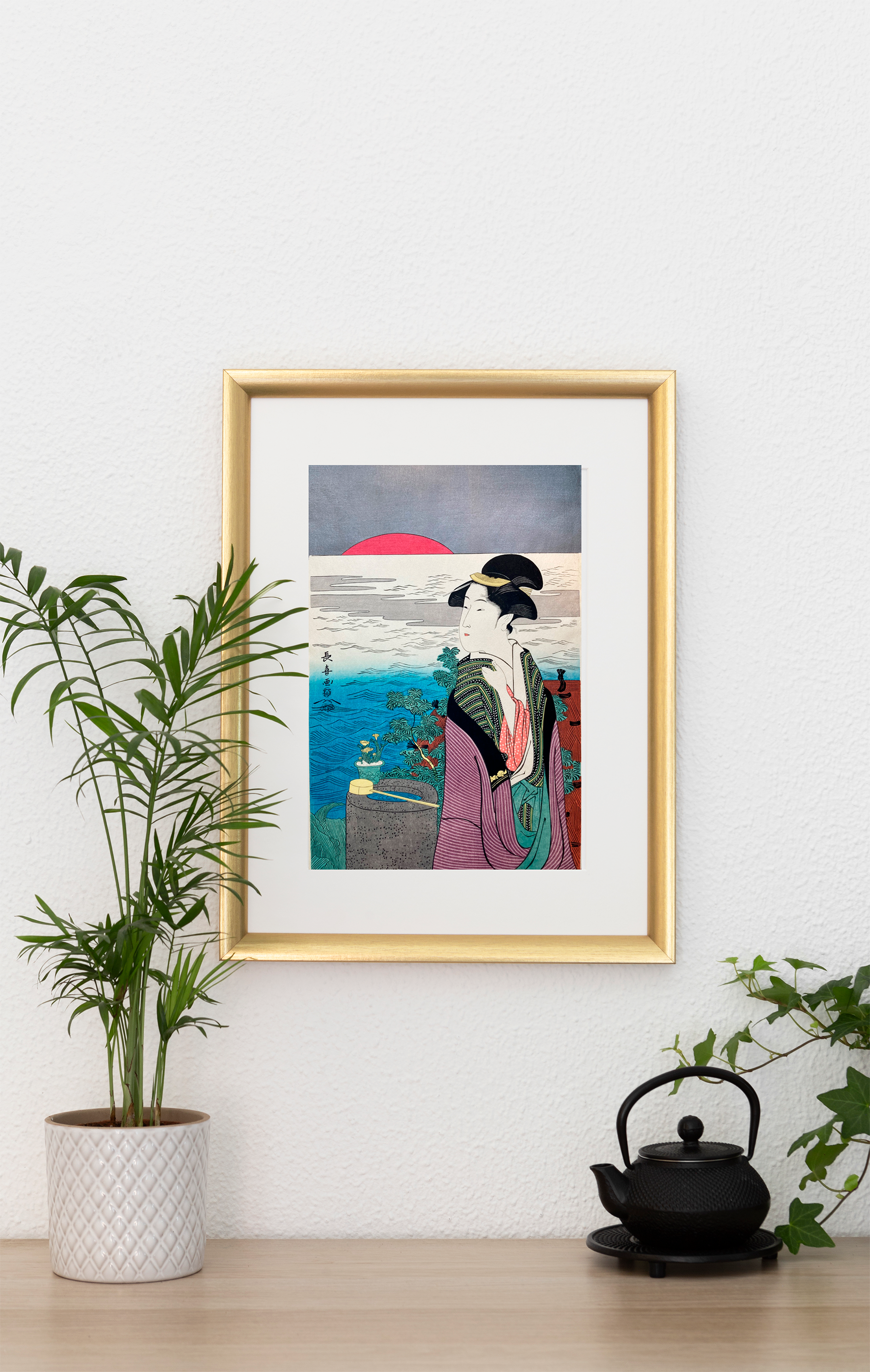 Xilogravura japonesa (Ukiyo-e) de Eishosai Choki "Primeiro nascer do sol do Ano Novo" (Hatsuhinode) - Autêntica
