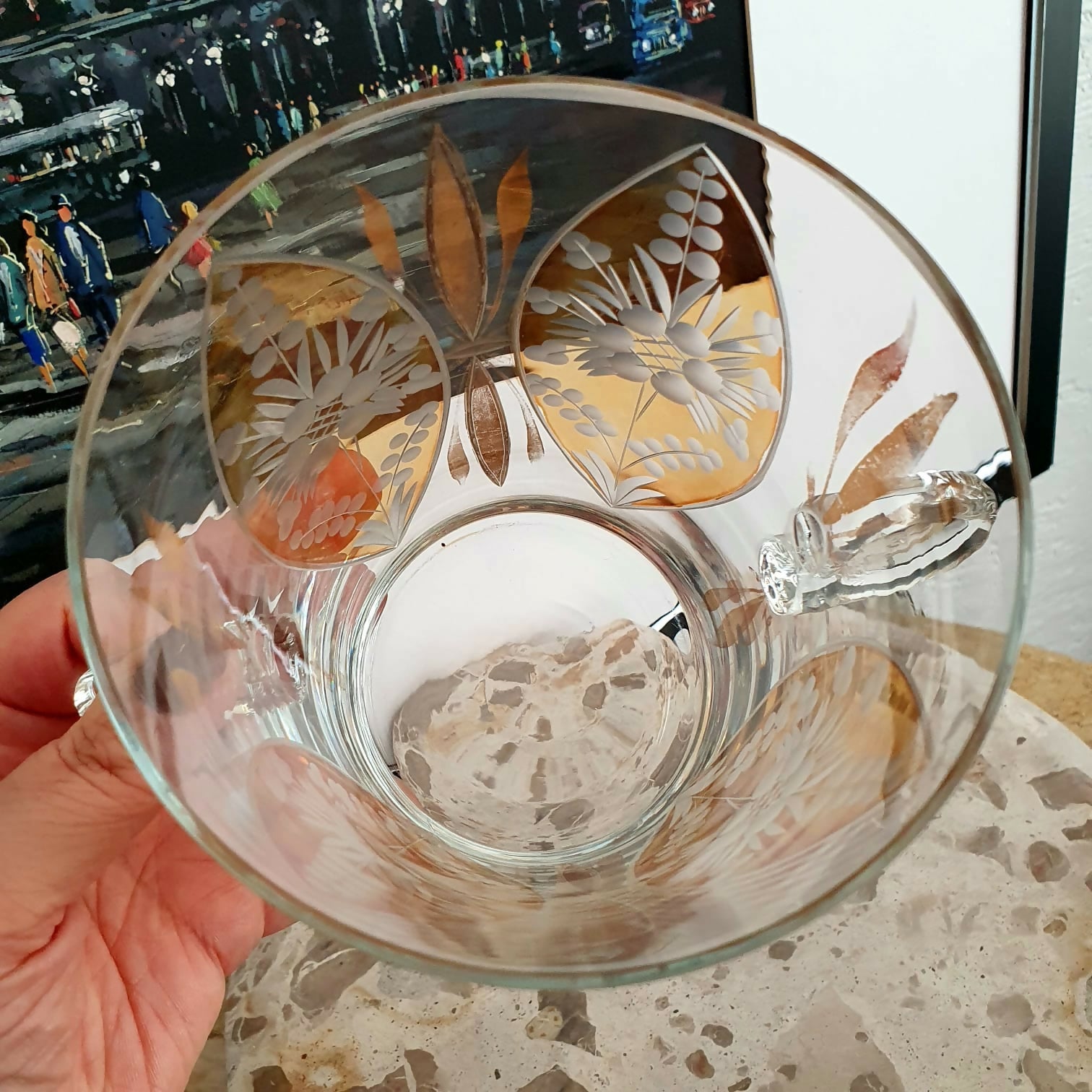 Maravilhoso conjunto vintage com 7 peças em demi cristal lapidado translúcido/âmbar. Incrível, anos 50/60, raro encontrar neste estado!