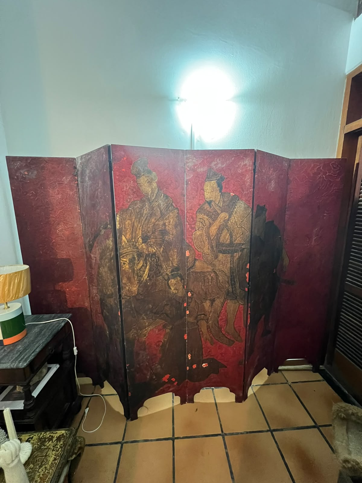 Biombo Oriental 6 Folhas Pintado À Mão. em Laca Vermelha - Duas Faces Decoradas