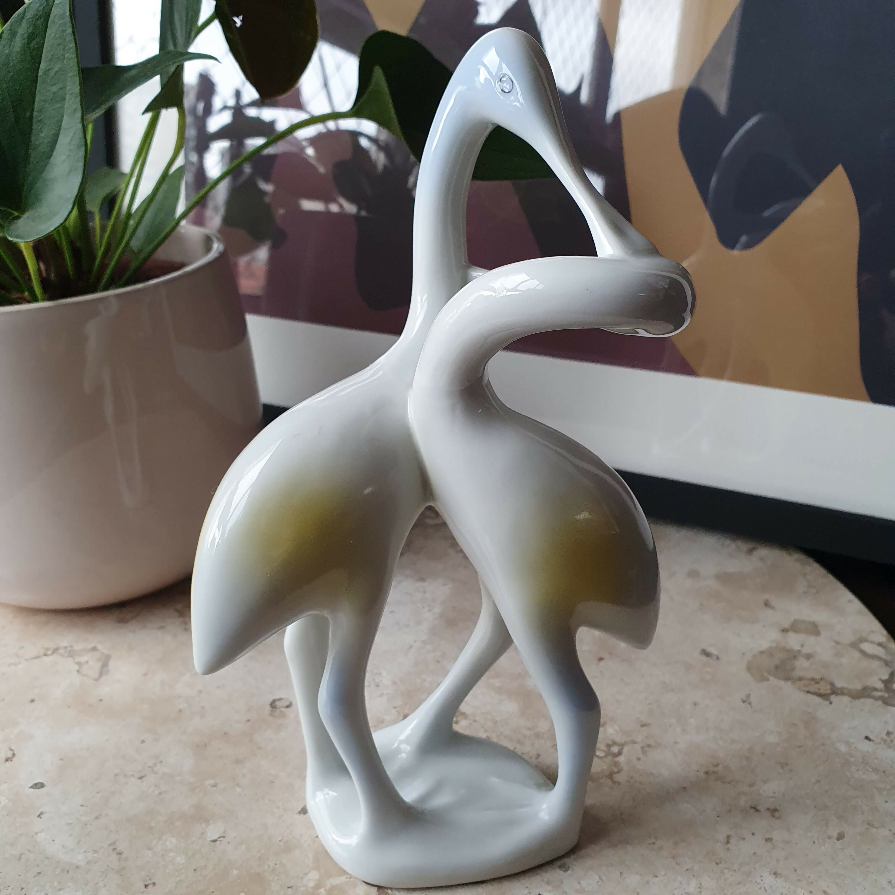 Escultura em porcelana Hollohaza de Flamingos Art Decó