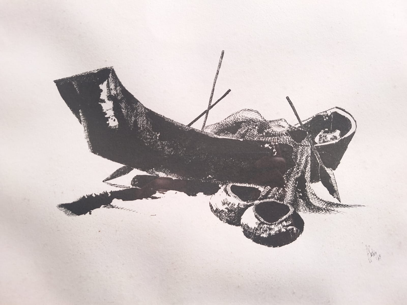Quadro com Gravura em branco e preto retratando Barco de Pesca 