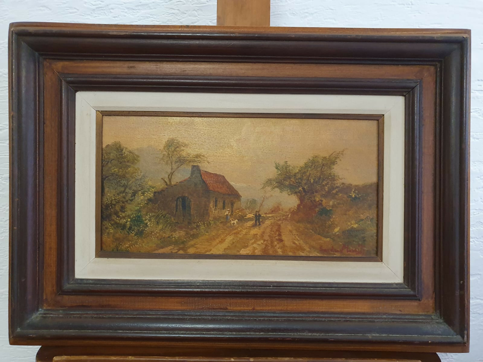 Quadro pintura, óleo sobre.madeira, representando paisagem rural de antiga casa à beira da estrada, de Sandro Moretti.