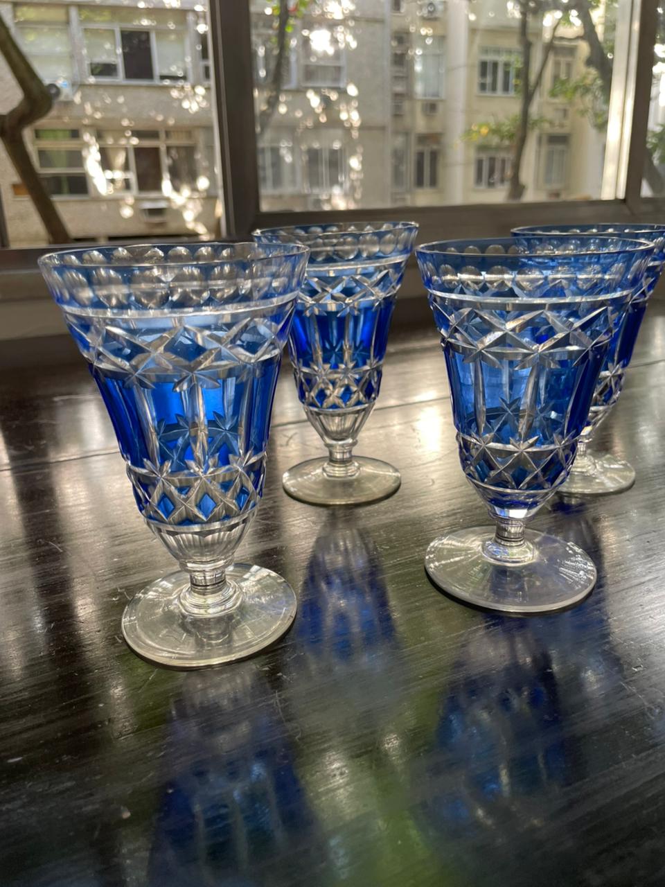 4 Copos em Cristal Double Azul Cobalto Lapidado