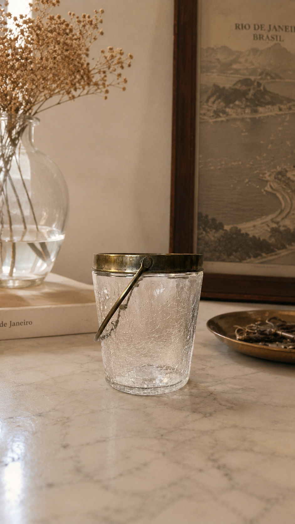 Vaso em vidro craquelado com alça em metal prateado (DMCPS_337)