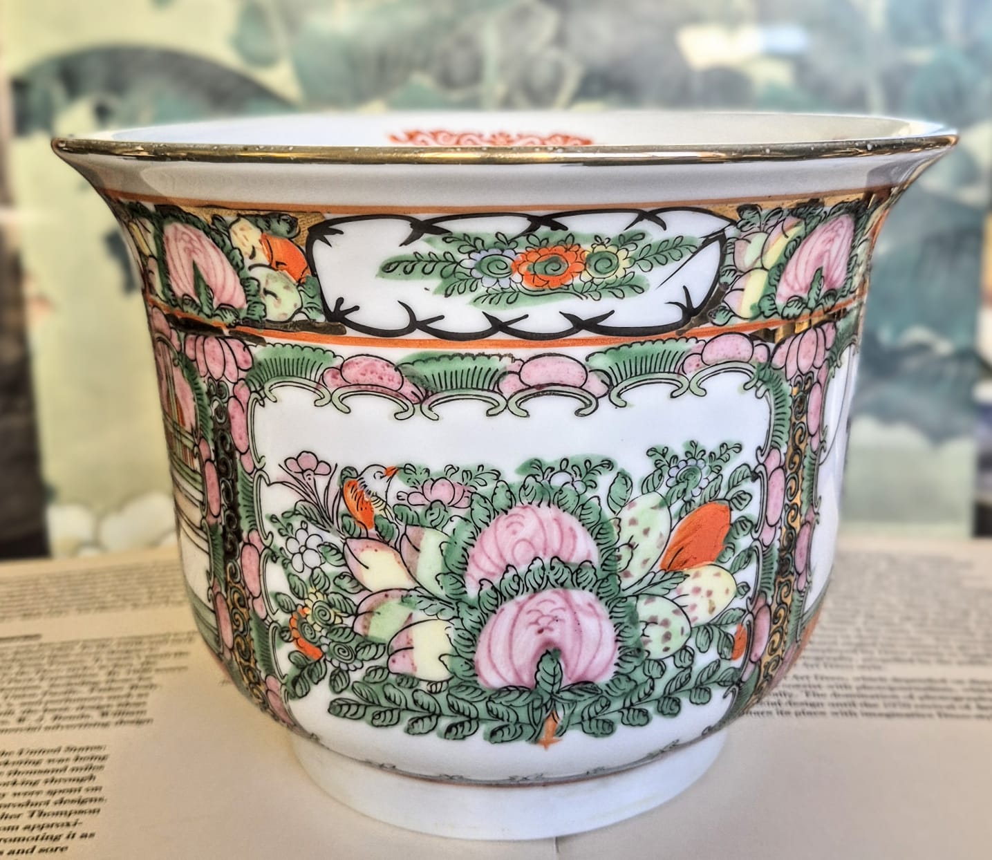 Cachepot estilo aquário em porcelana vintage chinesa Família Rosa - Rose Medallion. 