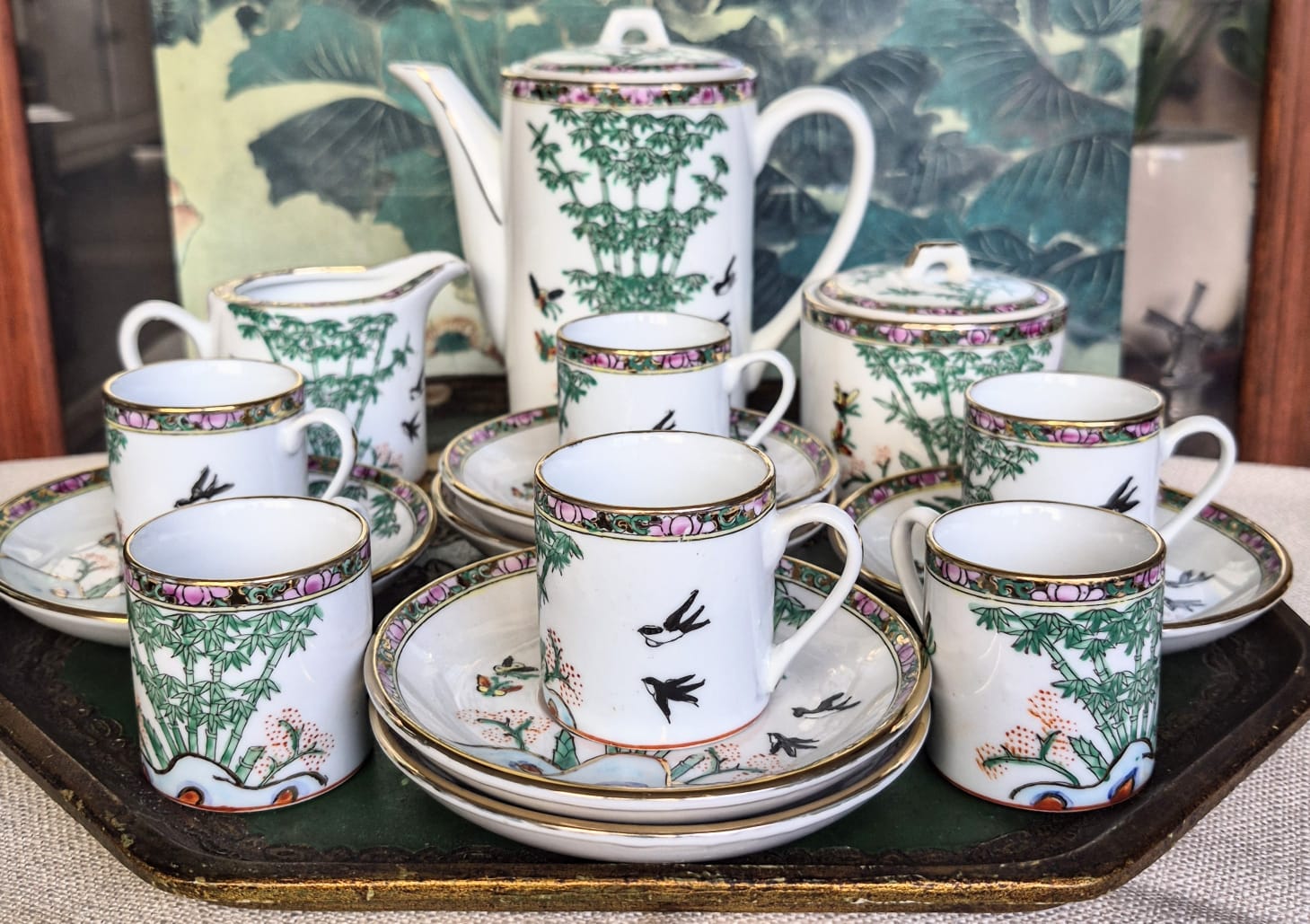 Conjunto para café em porcelana vintage chinesa Guancai, anos 60. Perfeito estado!