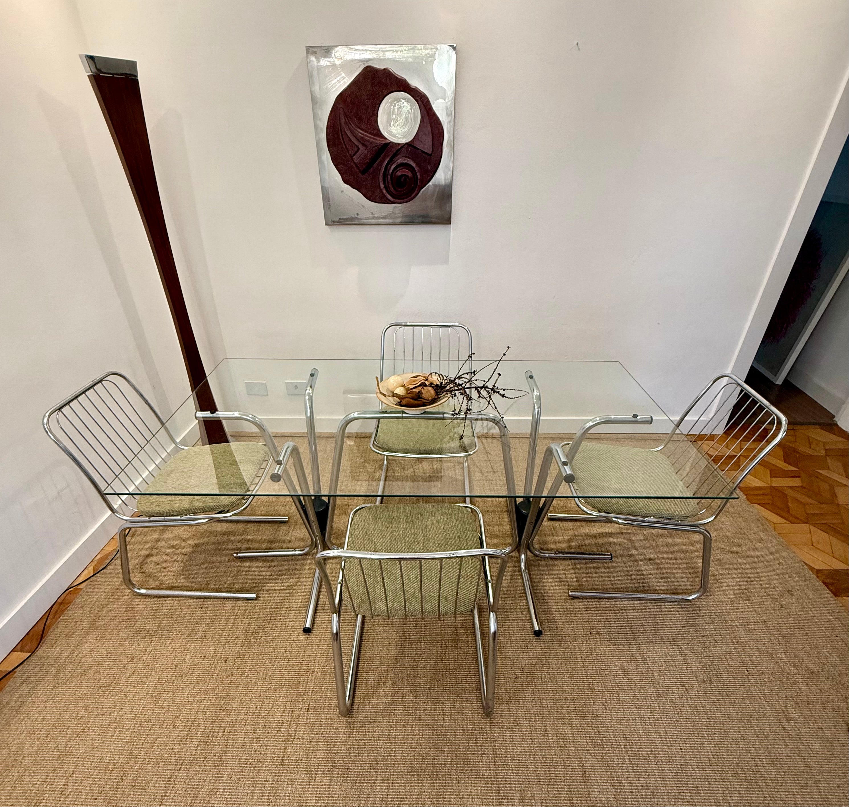 Conjunto Mesa de jantar Pozza 1970 em aço tubular (mesa retangular + 4 cadeiras) 