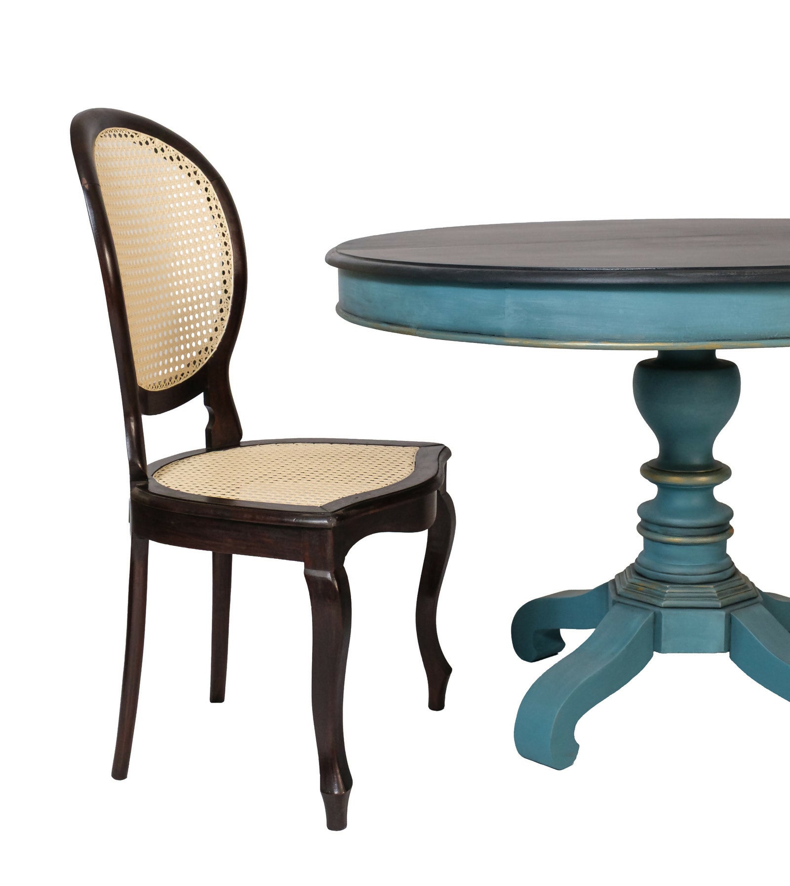 Mesa de Jantar Redonda restaurada Azul e Preta - Madeira Maciça