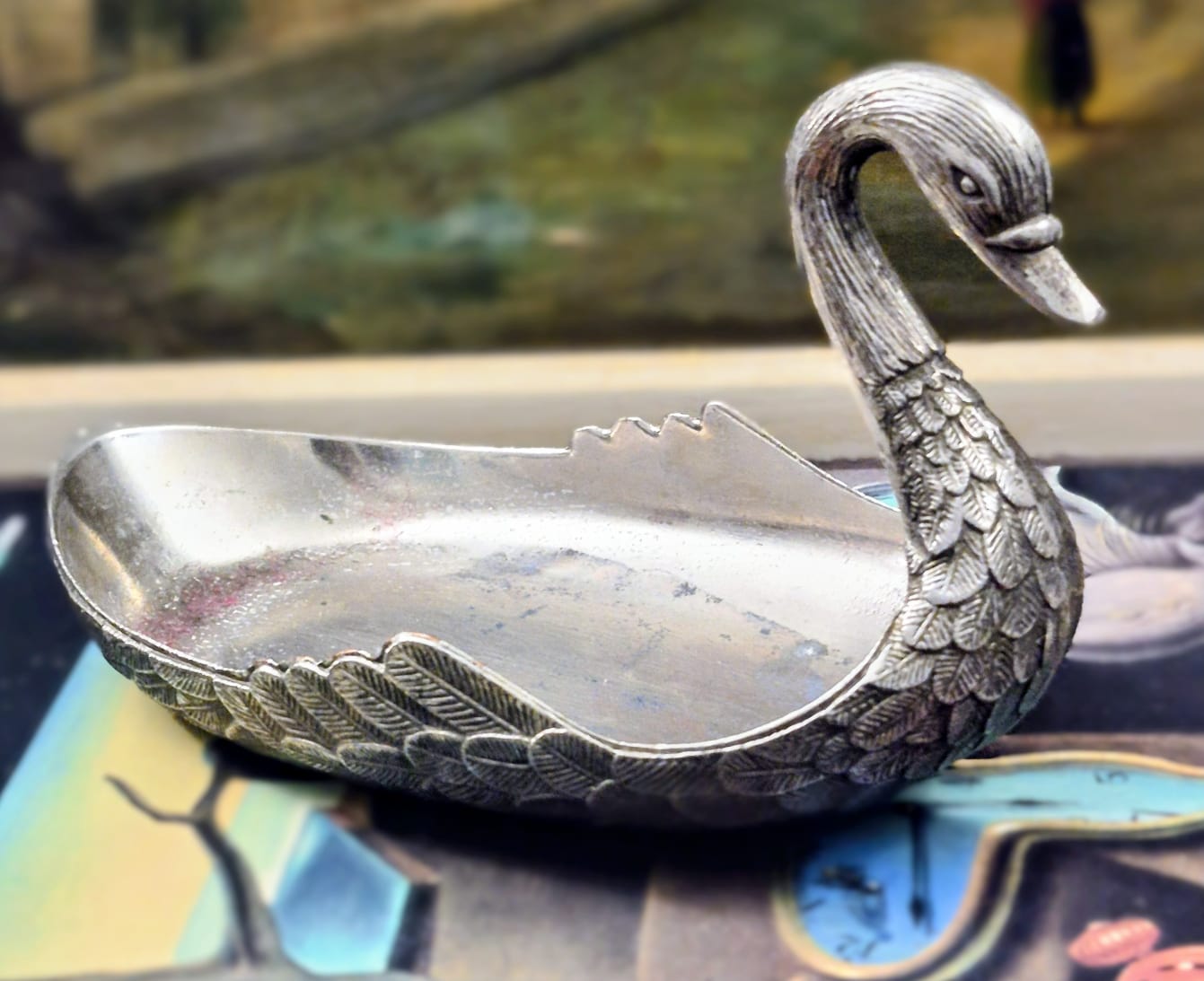 Cisne porta cartão em metal prateado, maravilhoso e em excelente estado de conservação.