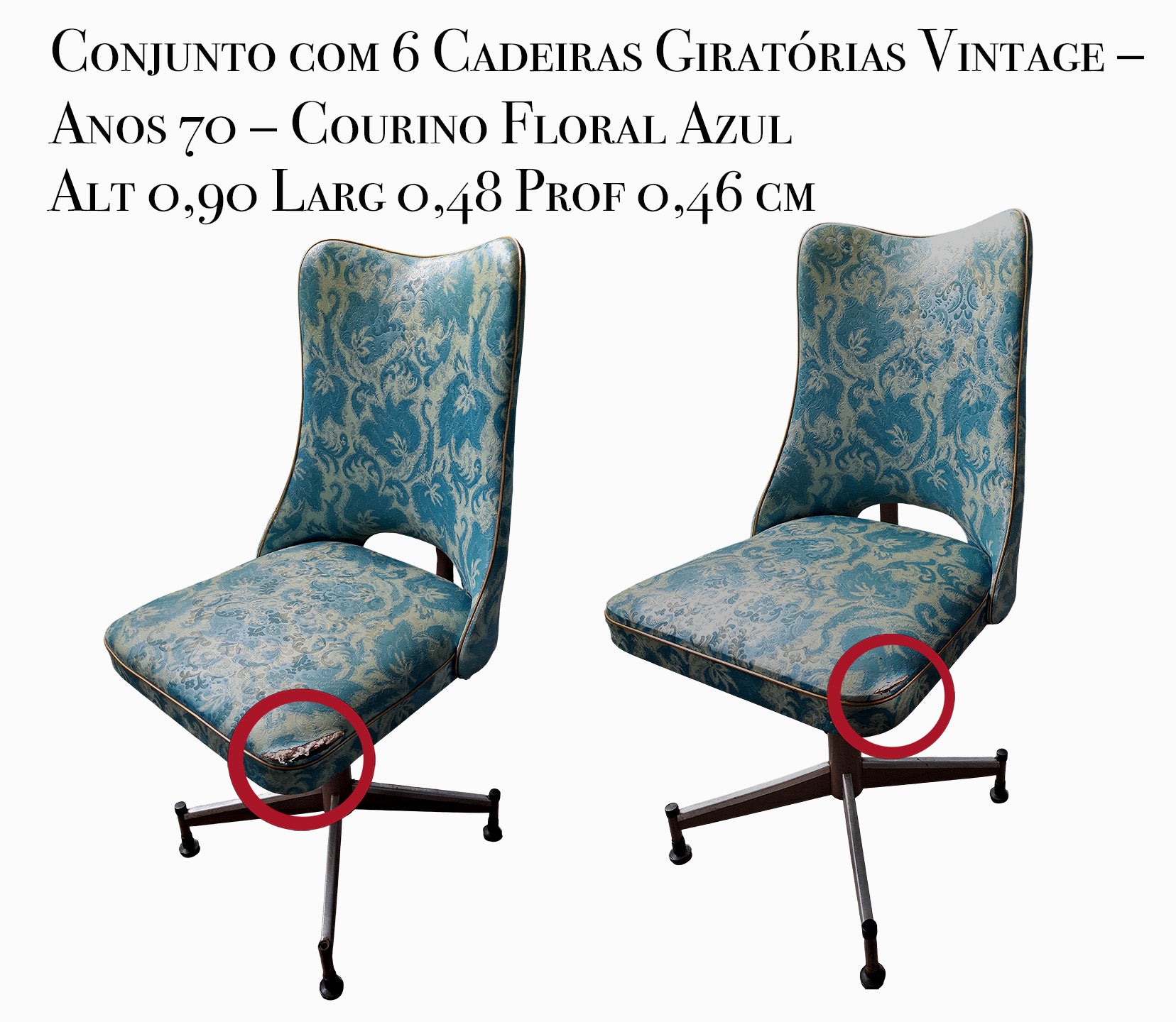 Conjunto com 6 Cadeiras Concha Giratórias Vintage – Anos 70 – Courino Floral Azul
