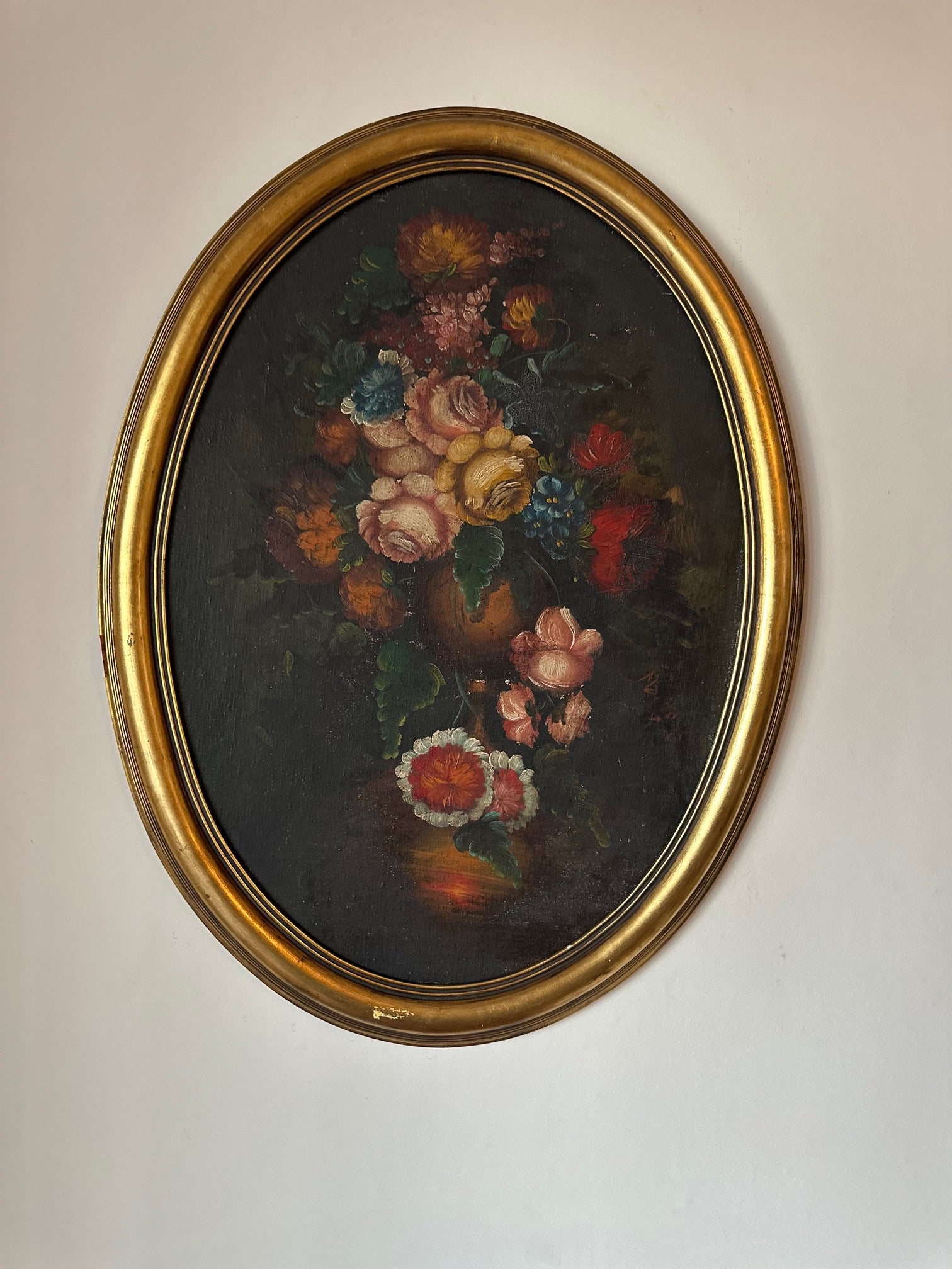 Quadro Oval maravilhoso, pintura a óleo, flores / ramalhete com moldura dourada 