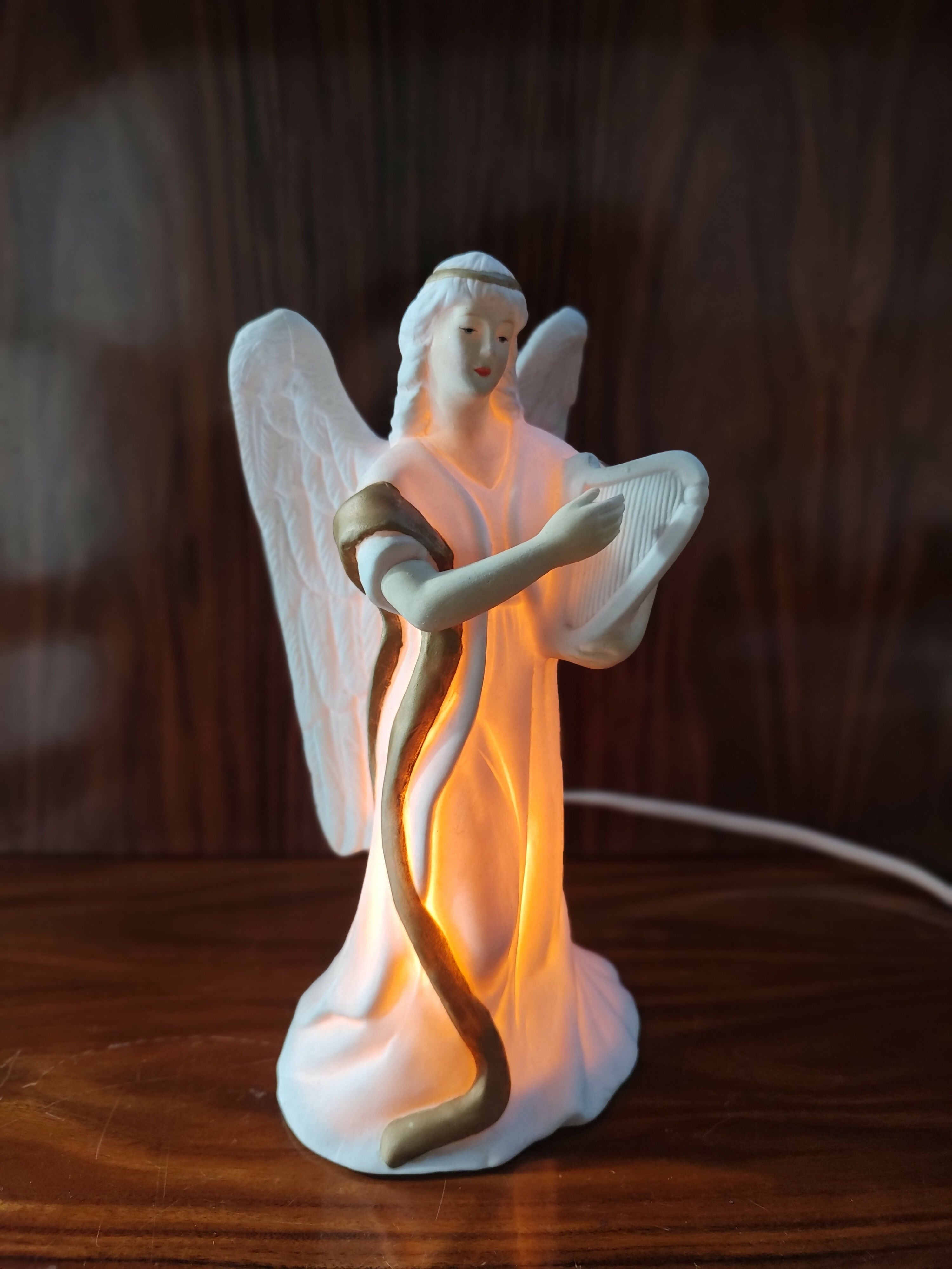Antiga Luminária de Anjo com Harpa em Porcelana Biscuit - anos 90