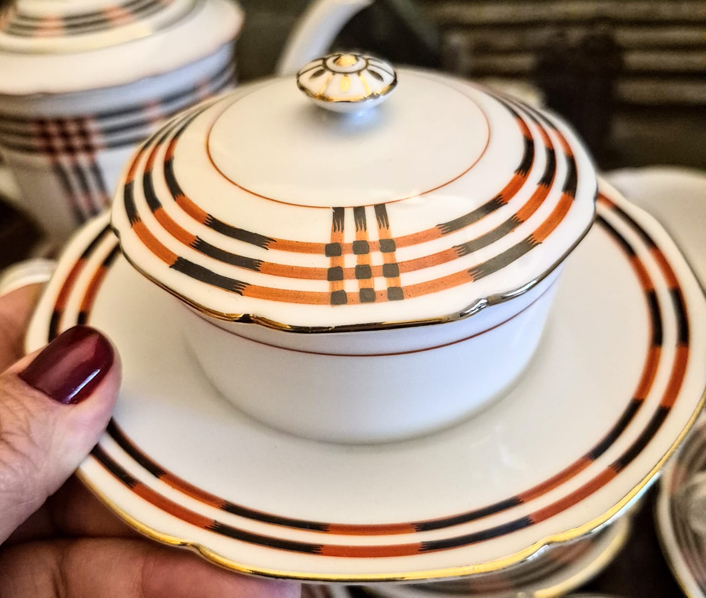 Lindíssimo jogo de chá antigo,  anos 30, em porcelana japonesa Noritake.  Incrível padrão xadrez Art Decó