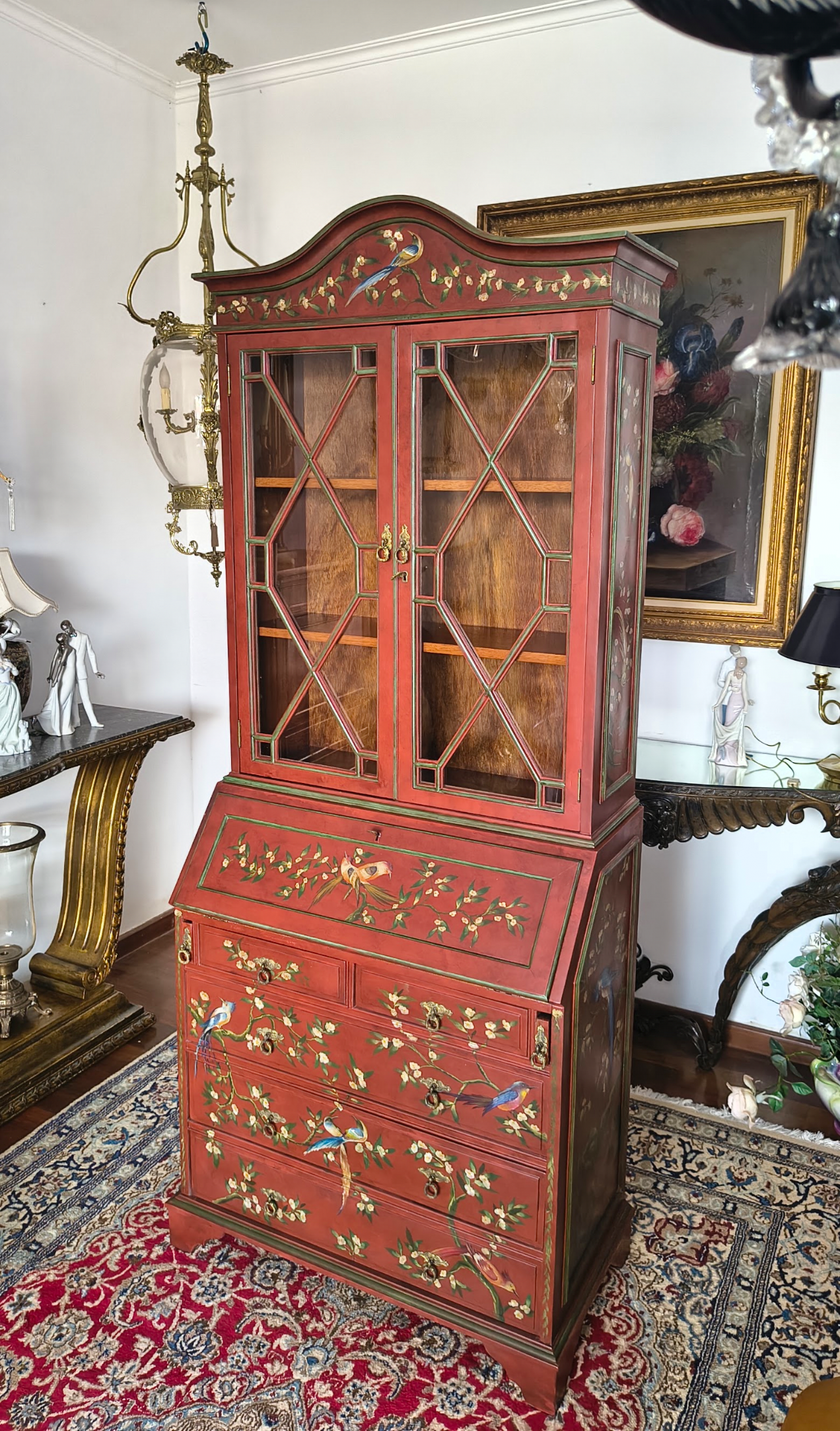 Estante Papeleira secretaria ( estilo Chinoiserie) vermelha com flores e pássaros 