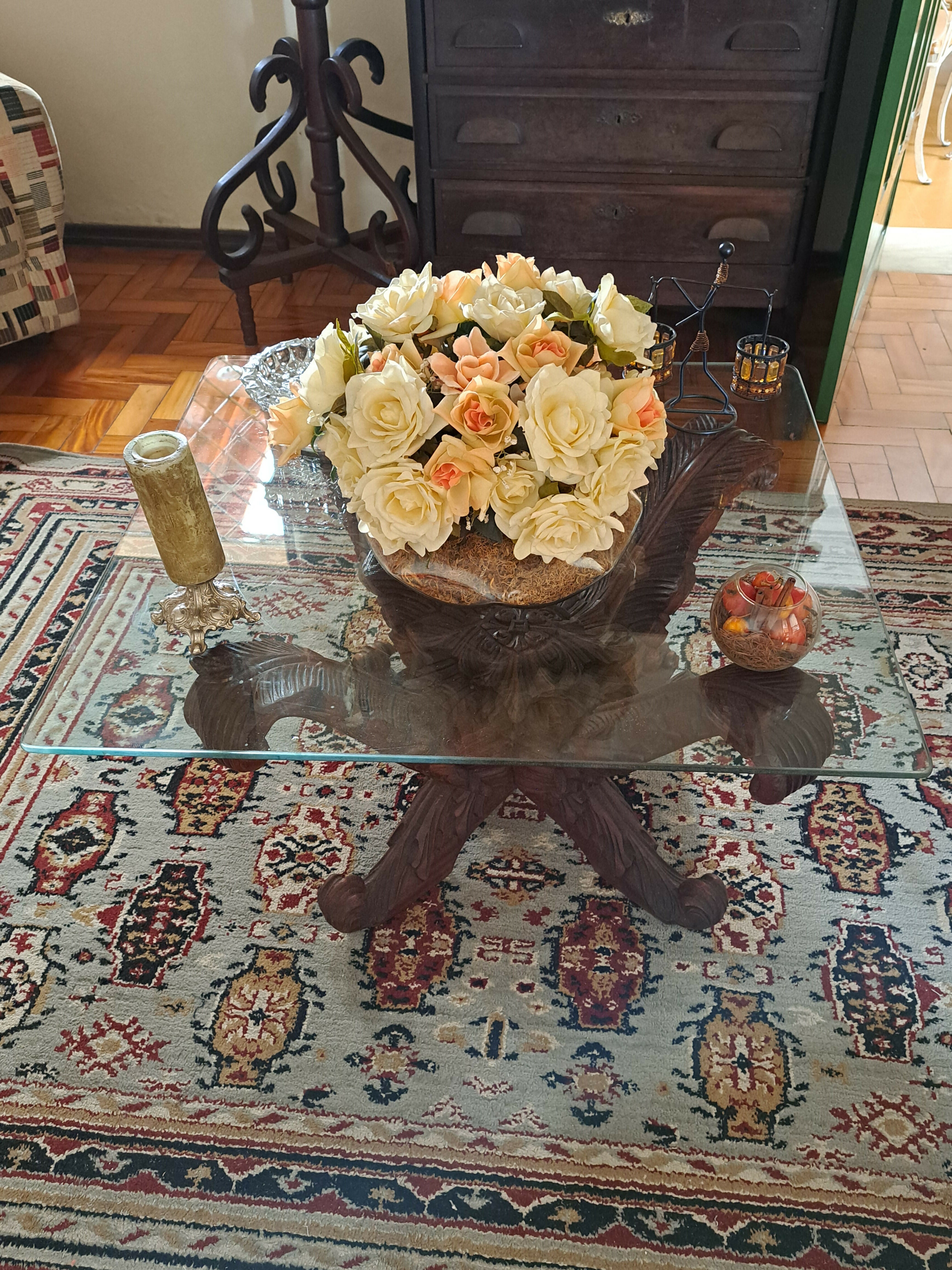 Trio de Mesinhas - 1 Mesa de centro e 2 de canto em madeira e vidro