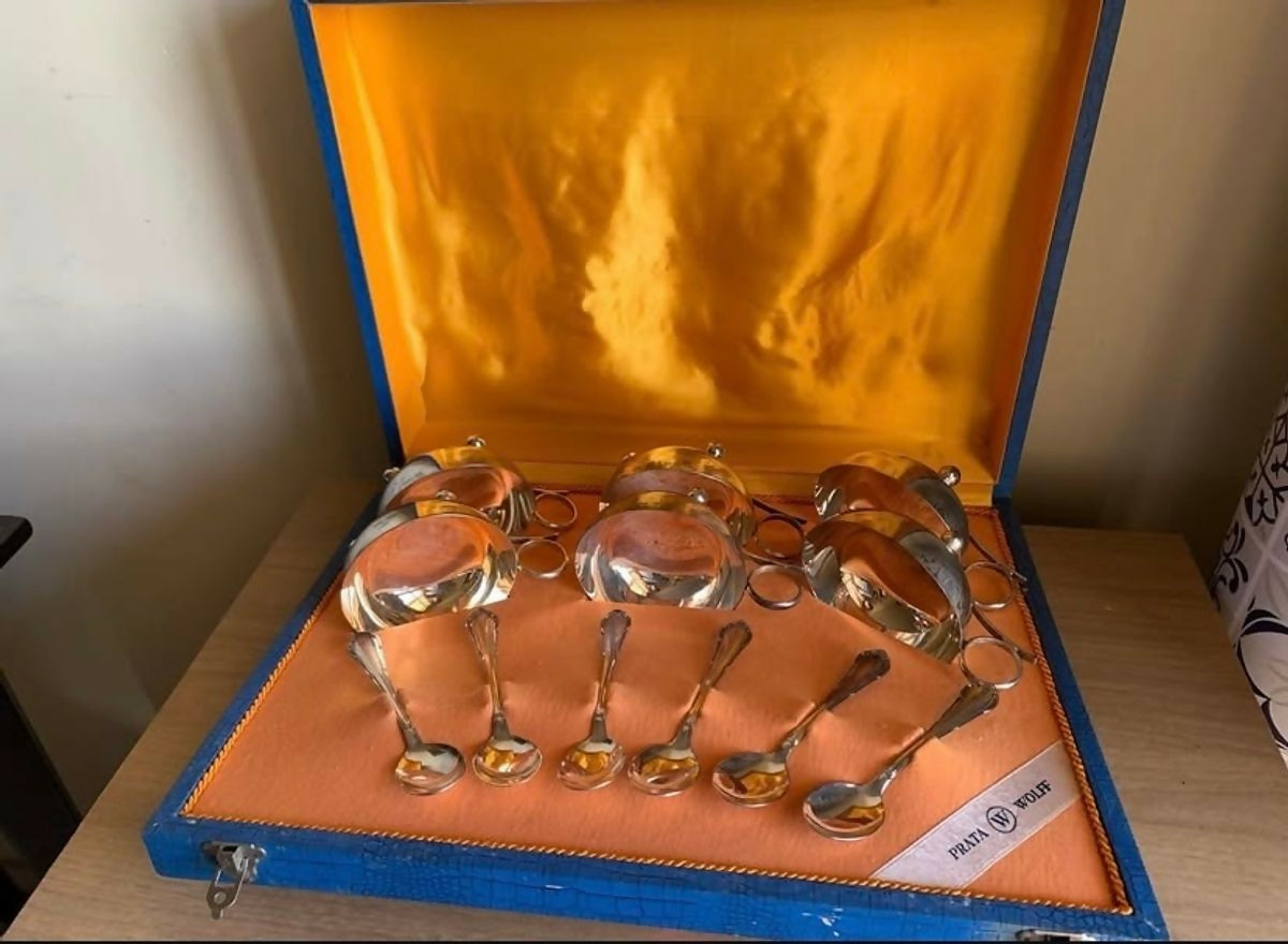 Jogo de taças de sorvete Wolf em prata 6 taças e 6 colheres