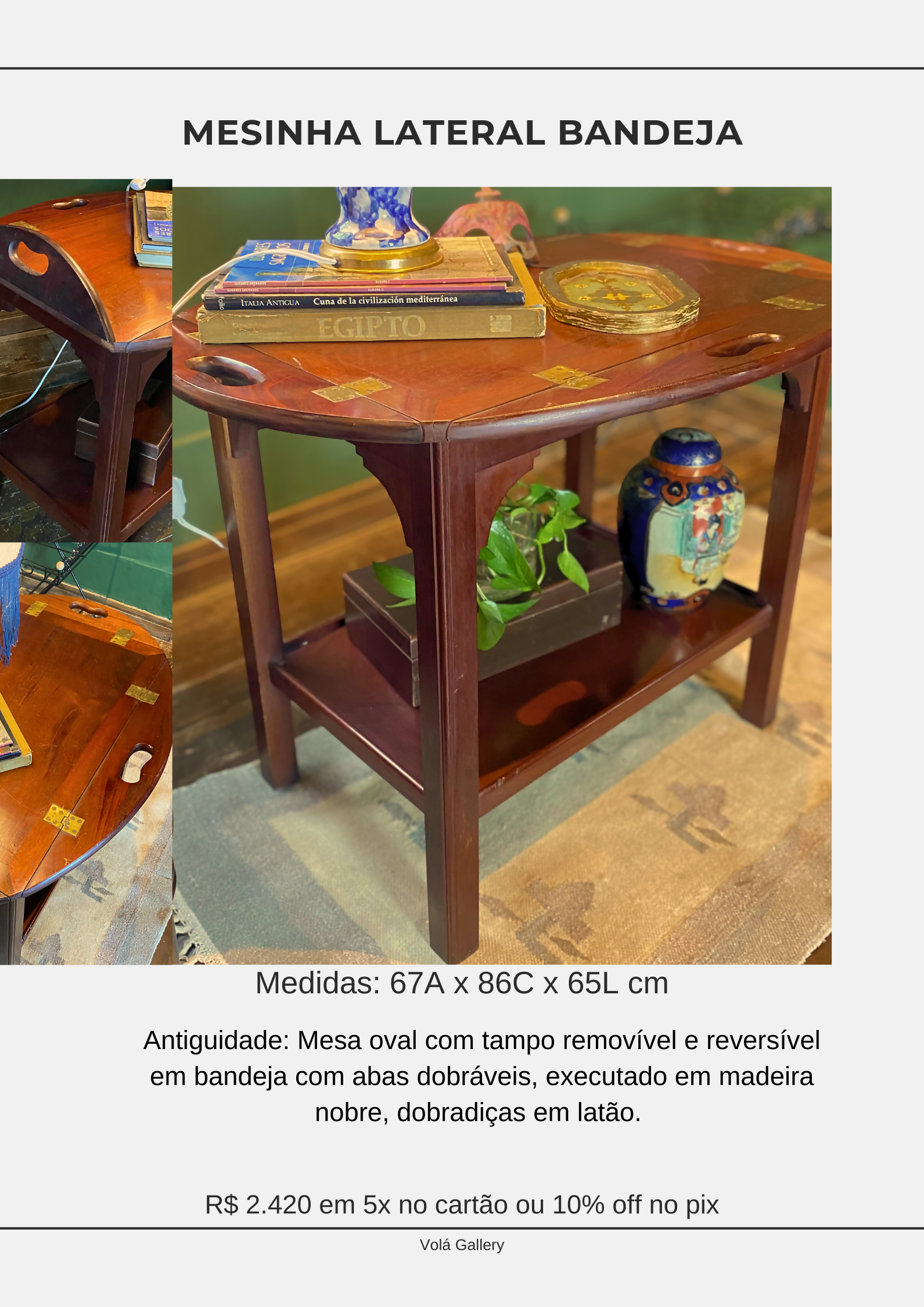 Mesinha lateral Bandeja em madeira e latão