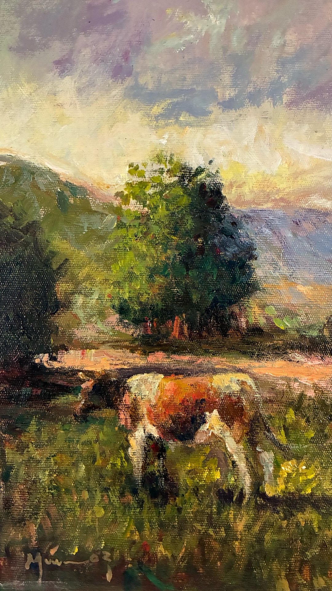 Quadro Óleo Sobre tela Paisagem Rural com Figuras e Gado