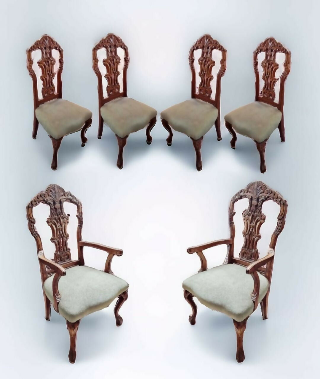 Conjunto de sala de jantar contendo 4 cadeiras e 2 poltronas em madeira entalhada no estilo inglês Chipandale