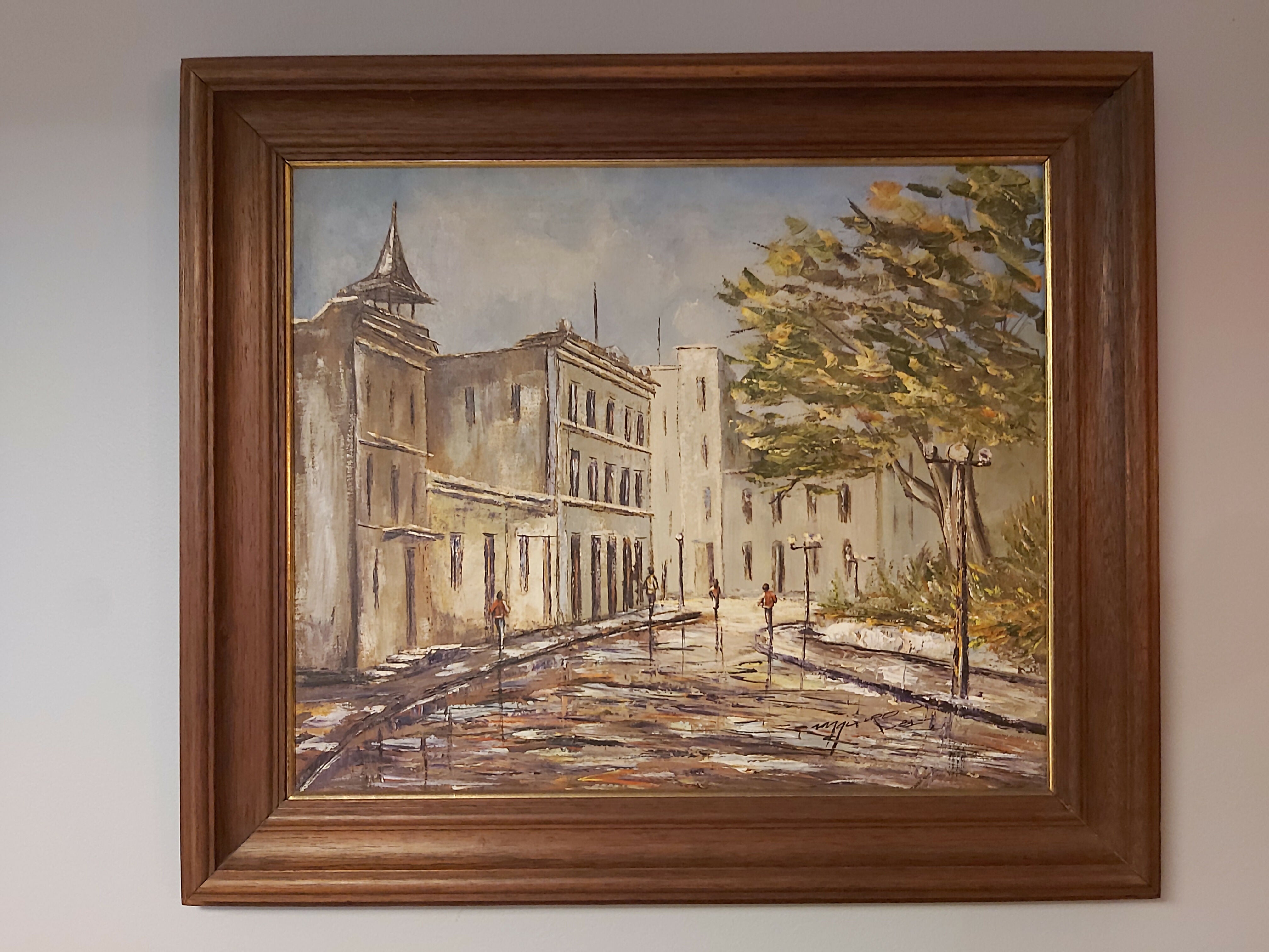 Quadro óleo sobre tela com paisagem urbana