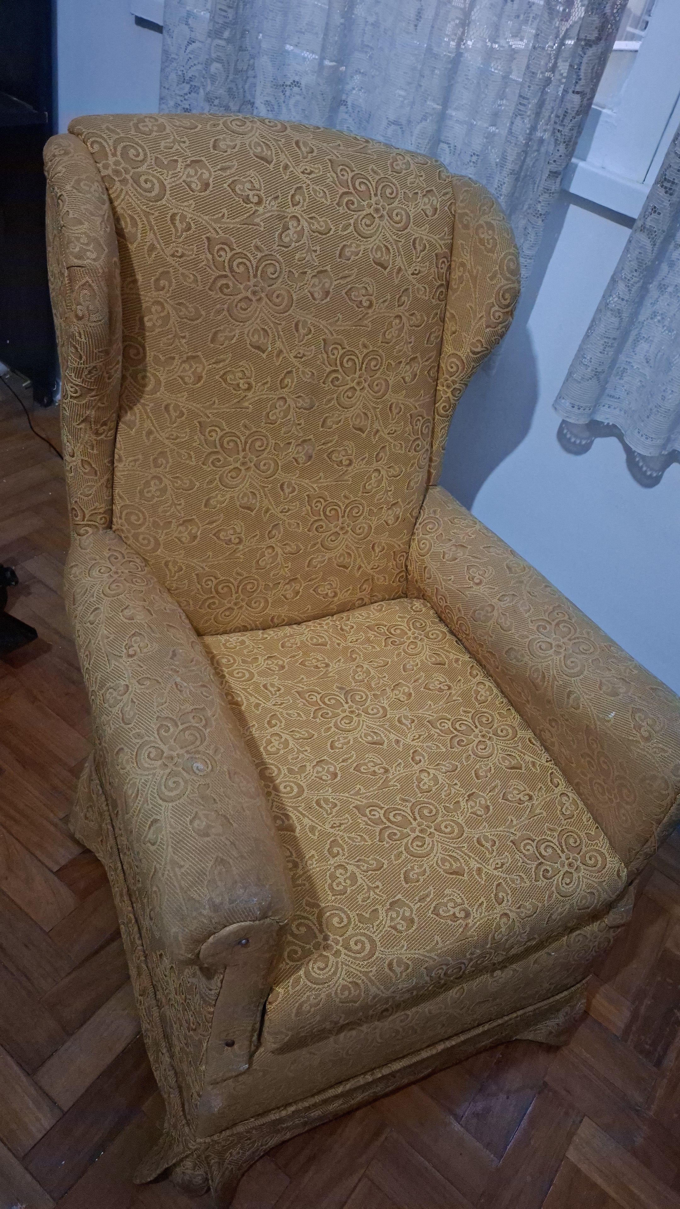Poltrona Bergere em tecido amarelo estampado 