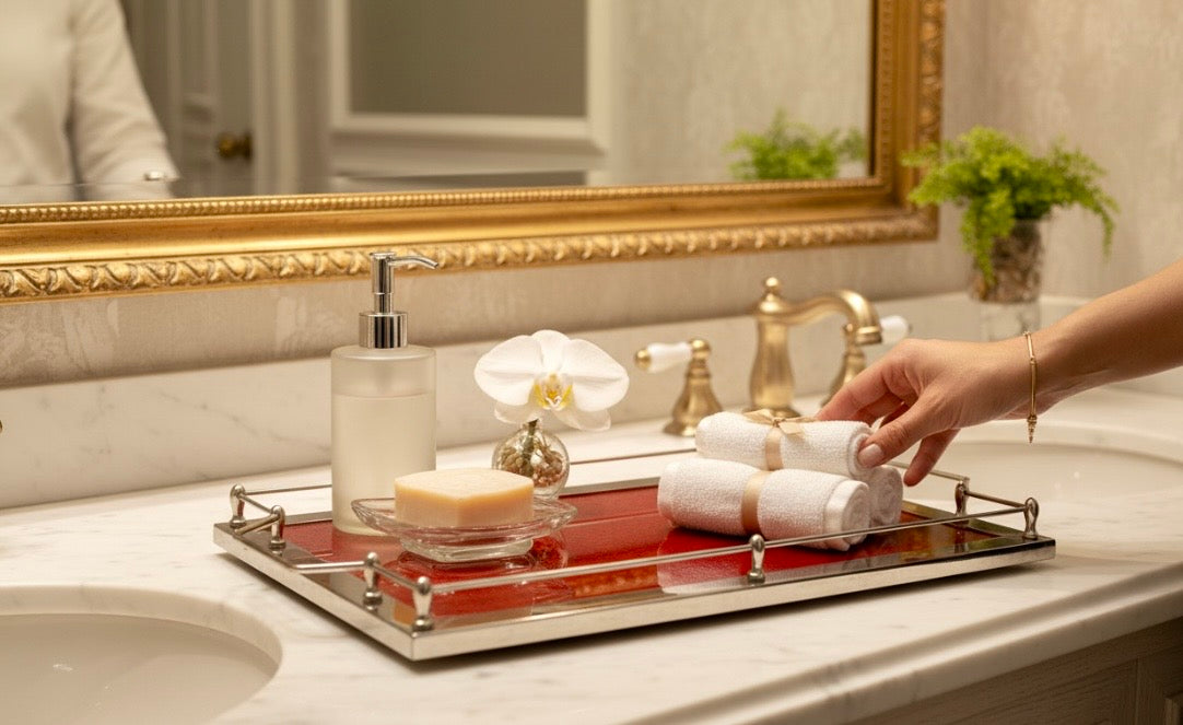Bandeja Decorativa Retangular Luxo – Vermelha e Prata (Estilo Mid-Century)