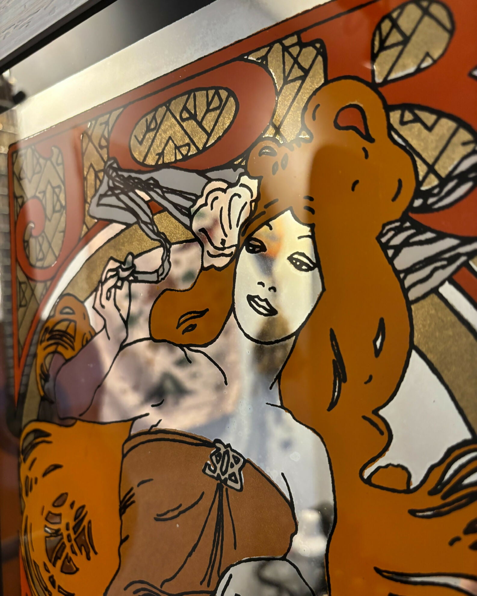 Quadro Espelhado com serigrafia da obra job, de Alphose Mucha