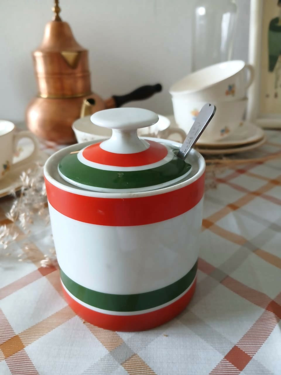 Açucareiro Vintage em Porcelana Steatita Paraná – Listrado Verde e Laranja | Década de 70/80