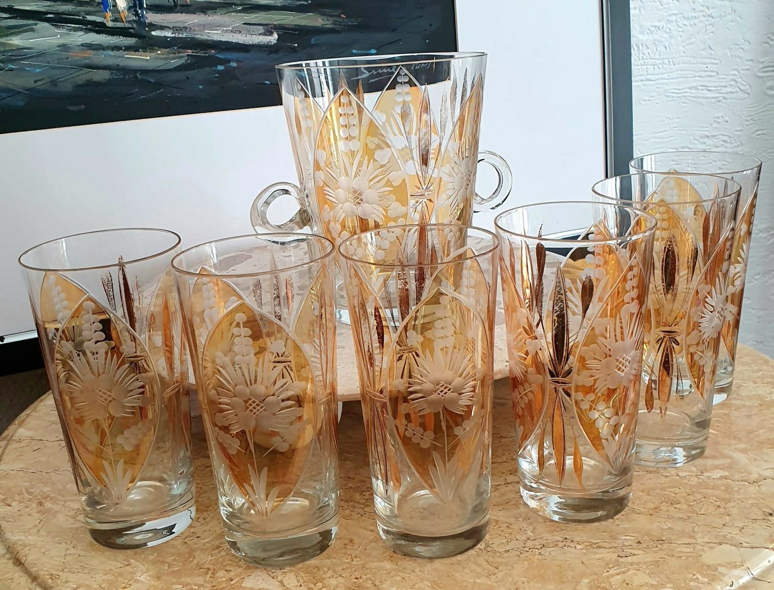 Maravilhoso conjunto vintage com 7 peças em demi cristal lapidado translúcido/âmbar. Incrível, anos 50/60, raro encontrar neste estado!