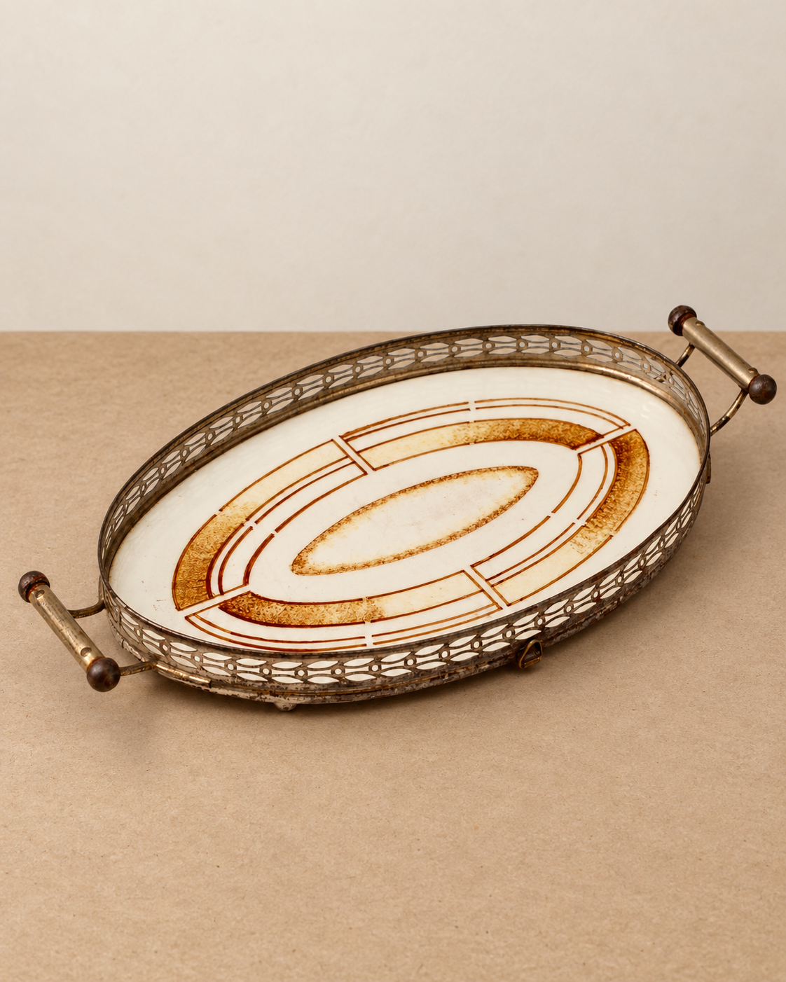 Bandeja oval Art Déco Gebrüder Mehner em porcelana e metal. com alças (DMCPS_262)