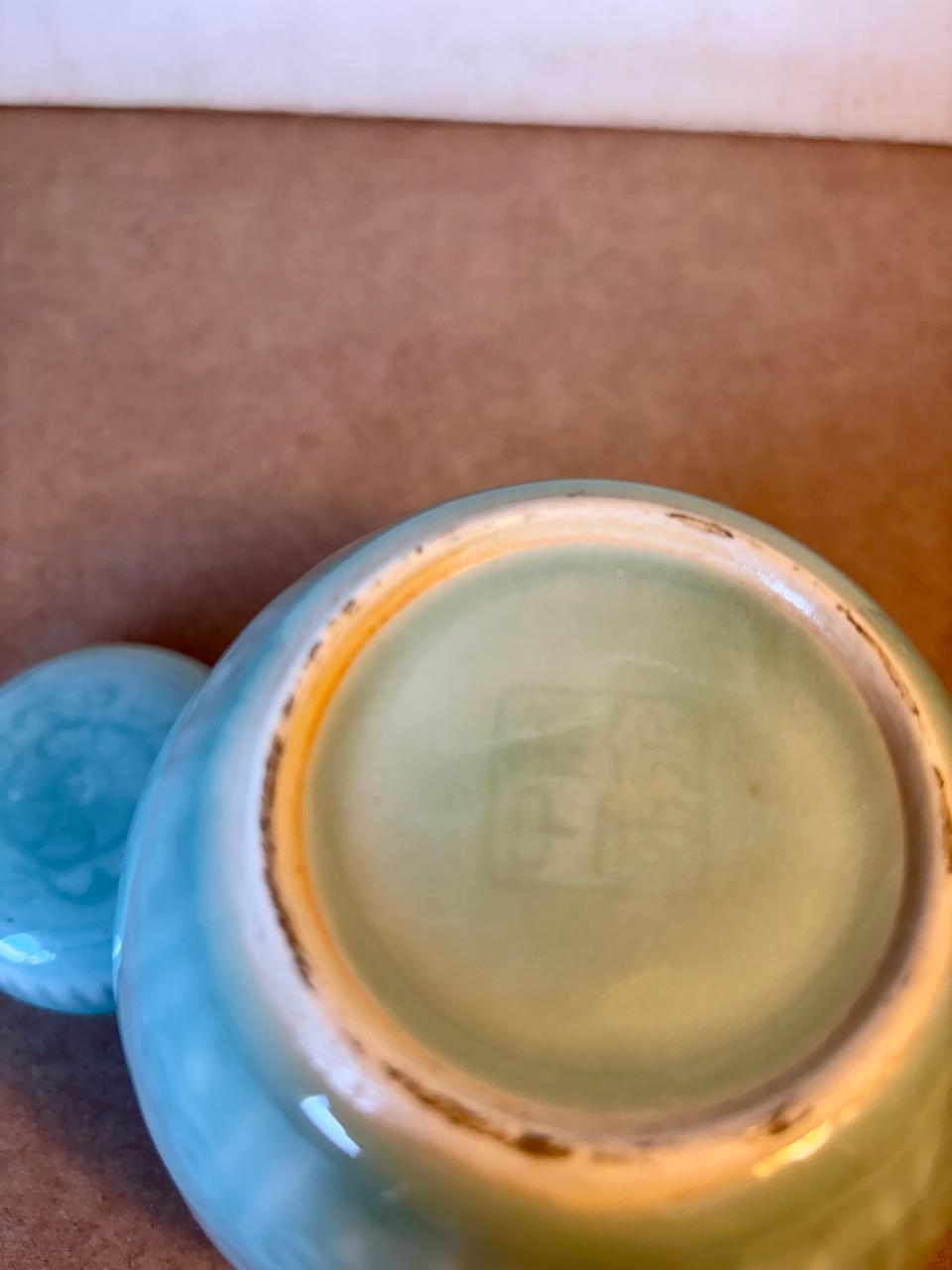 Pote chinês redonda para gergelim com tampa e esmalte celadon (DMCPS_728)