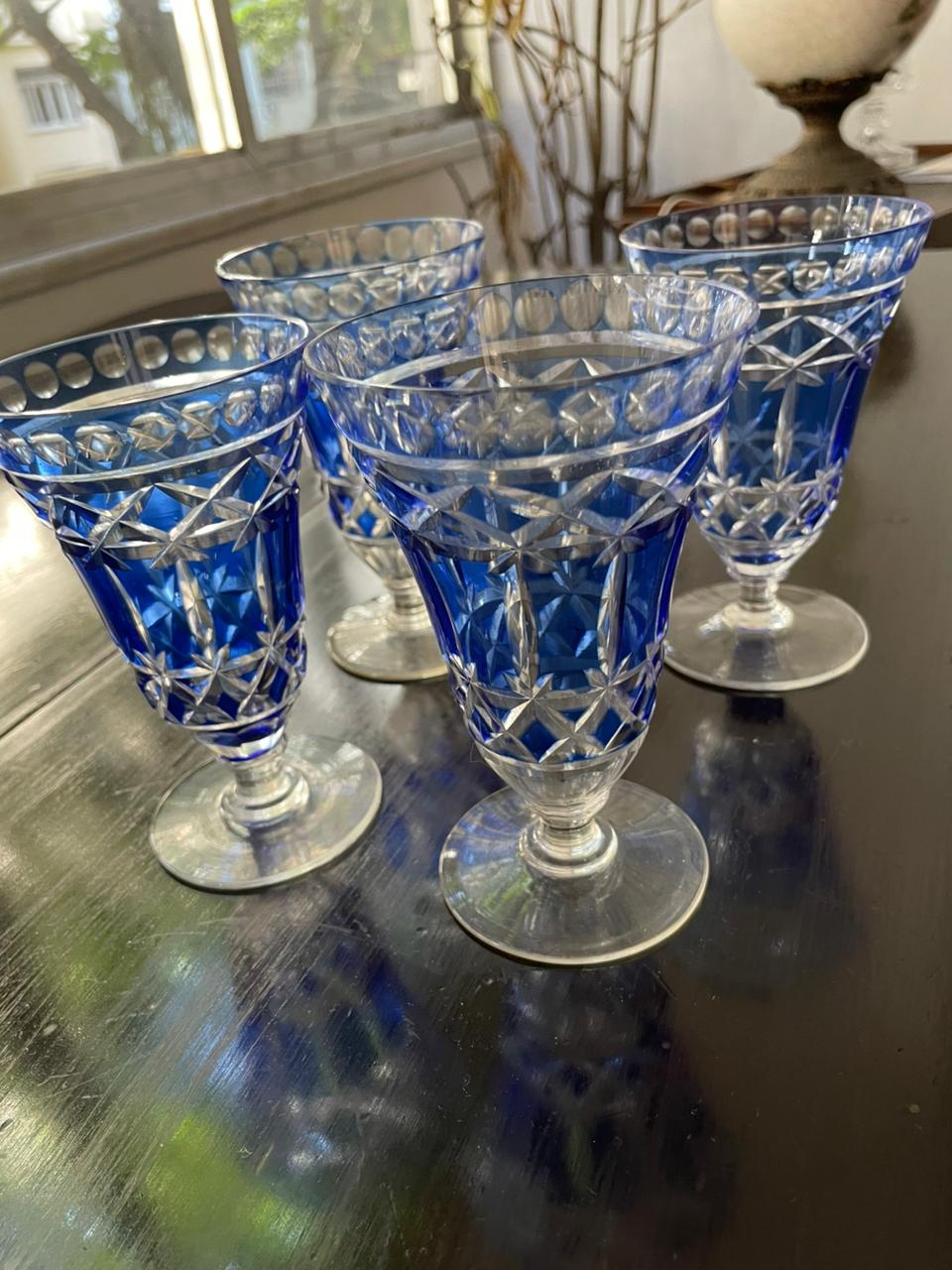 4 Copos em Cristal Double Azul Cobalto Lapidado