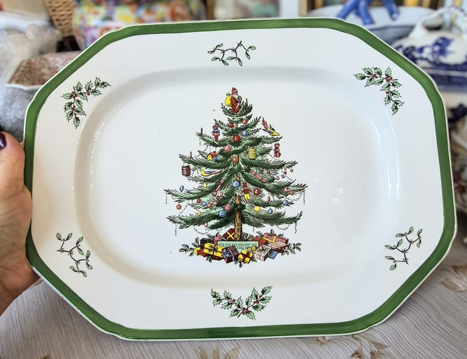 Travessa em faiança vintage inglesa comemorativa de Natal Spode, linha Christmas Tree. Linda e em ótimo estado.
