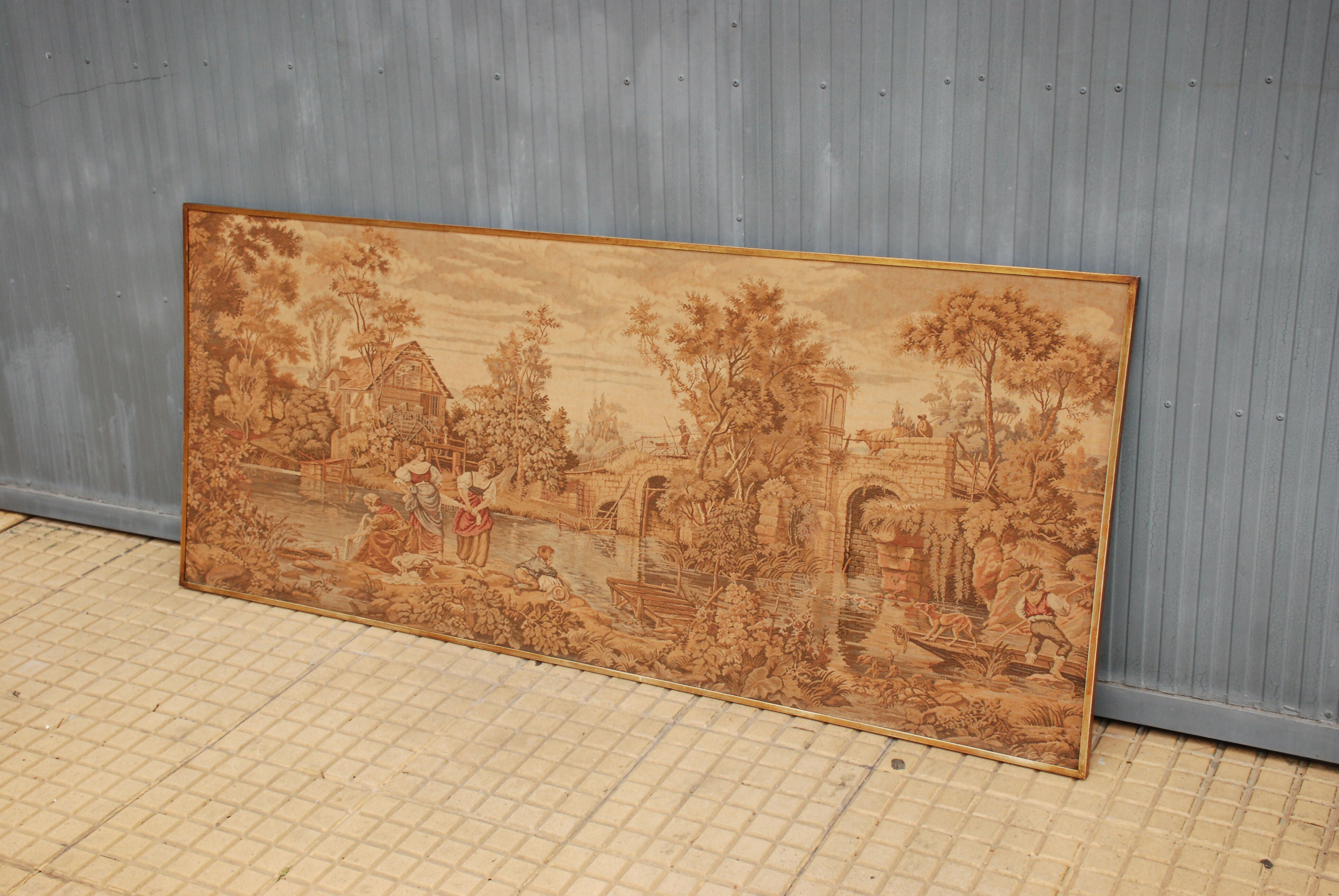 quadro italiano em tecido gobelen anos 60 - 70 - 1,60 X 0,67 com selo