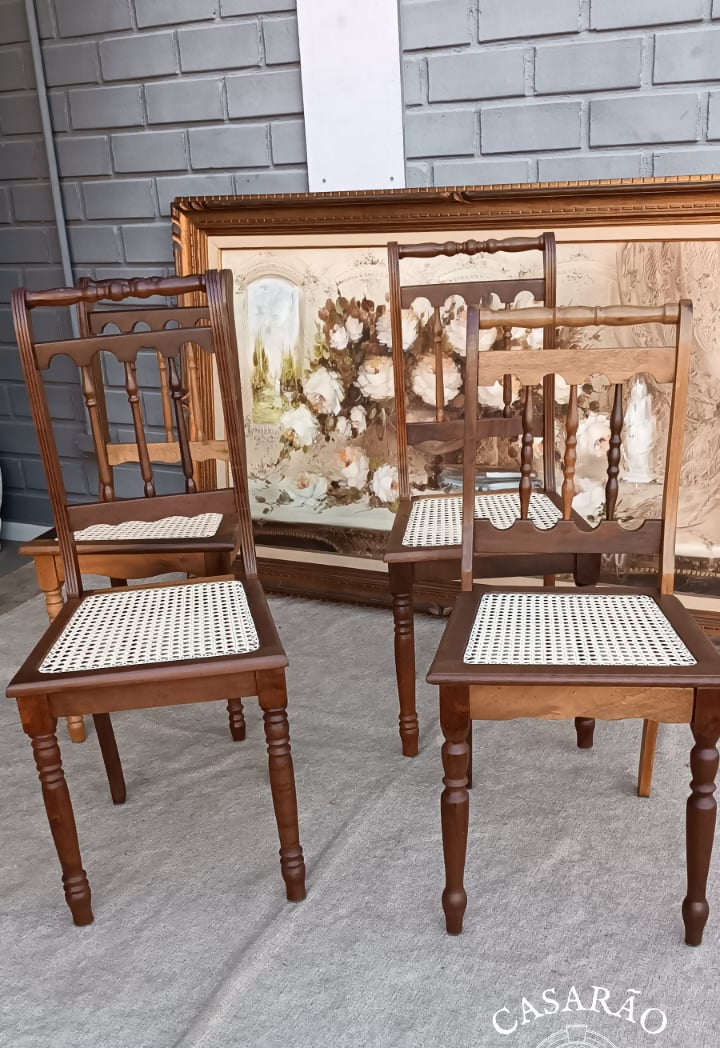 CONJUNTO CADEIRAS COLONIAL PALHINHA EM MADEIRA IMBUIA (RESTAURADAS)